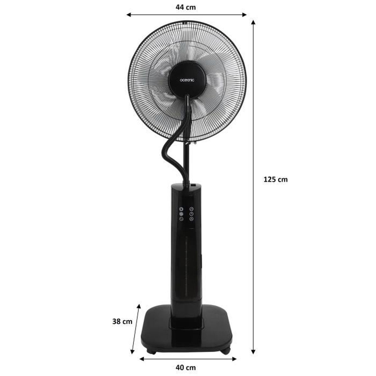 Ein schwarzer Standventilator. Er hat ein rundes Gitter und ein digitales Bedienfeld. Maße werden angezeigt.