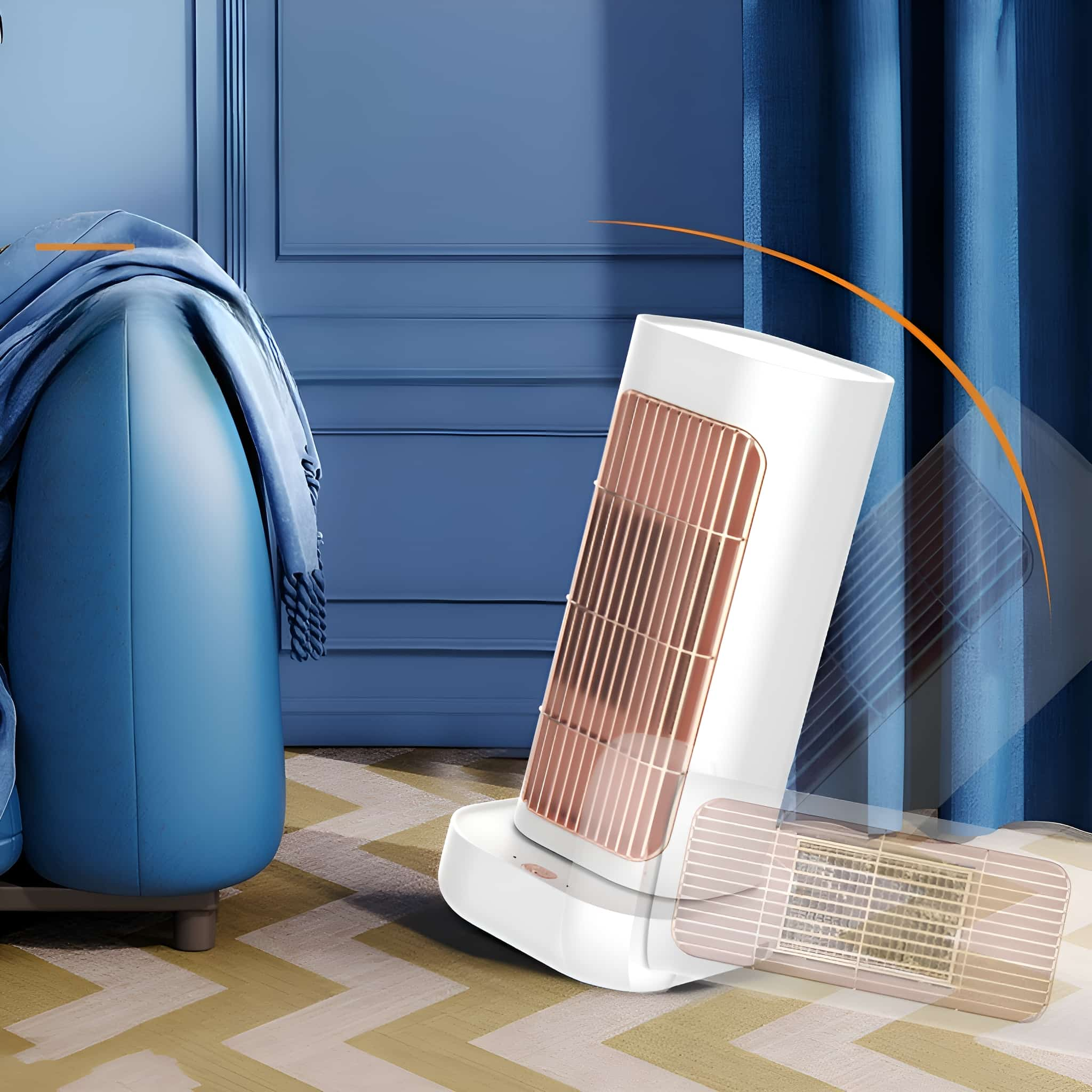 Ein weißer und roségoldener Elektroheizer. Es steht auf einem cremefarbenen Boden, im Hintergrund eine blaue Couch.