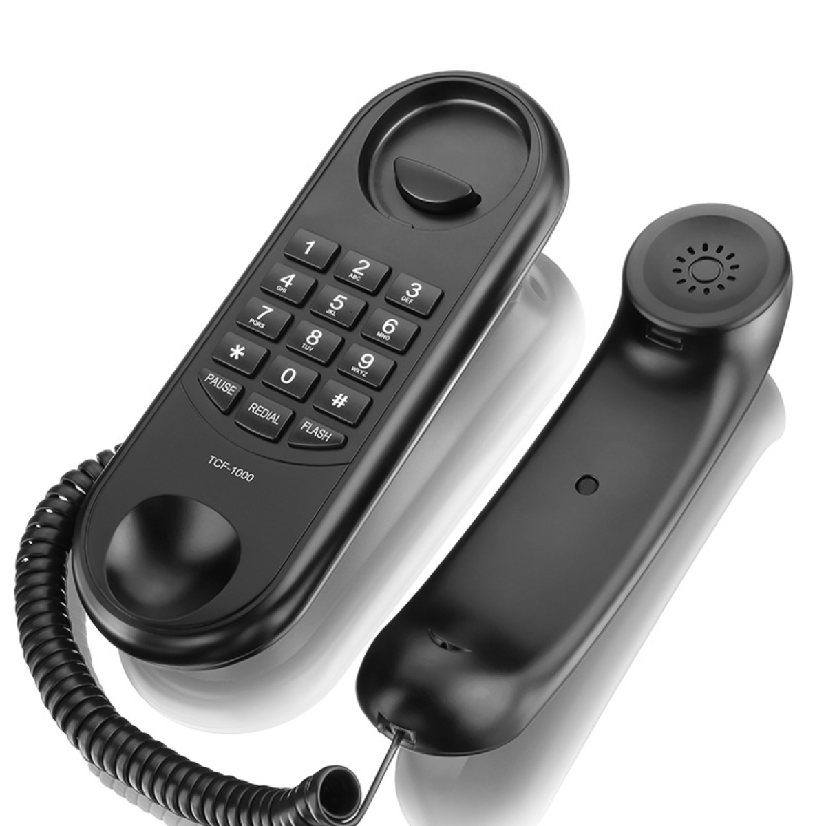 Schwarzes Telefon mit Tastatur, Hörer und Spiralschnur. Hörer ist abgenommen.