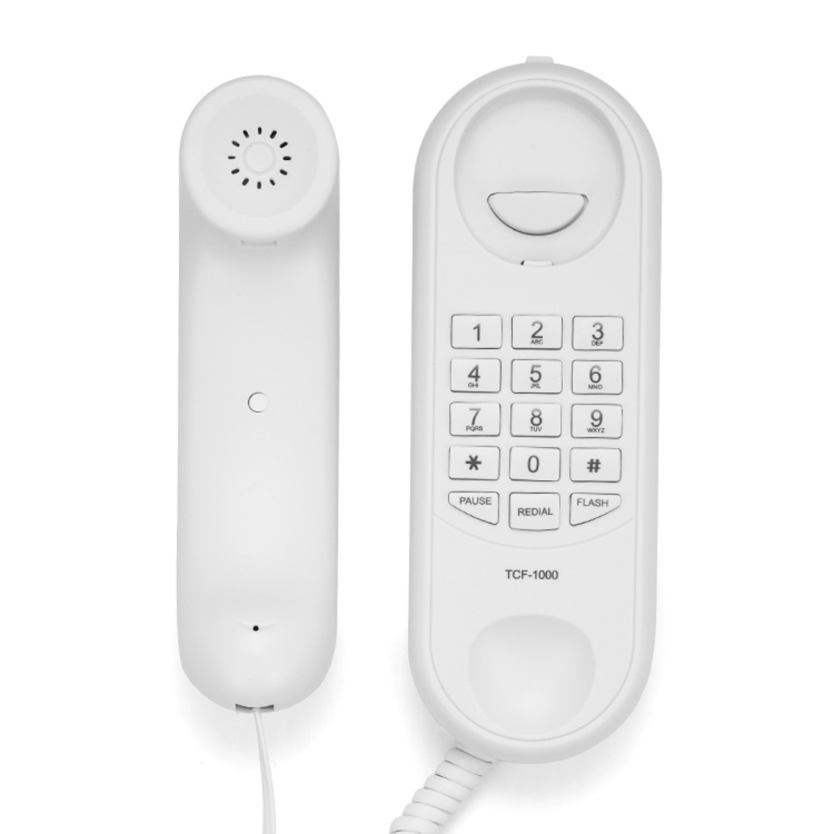 Weißes Festnetztelefon. Der Hörer ist von der Basis getrennt. Die Basis hat nummerierte Tasten.