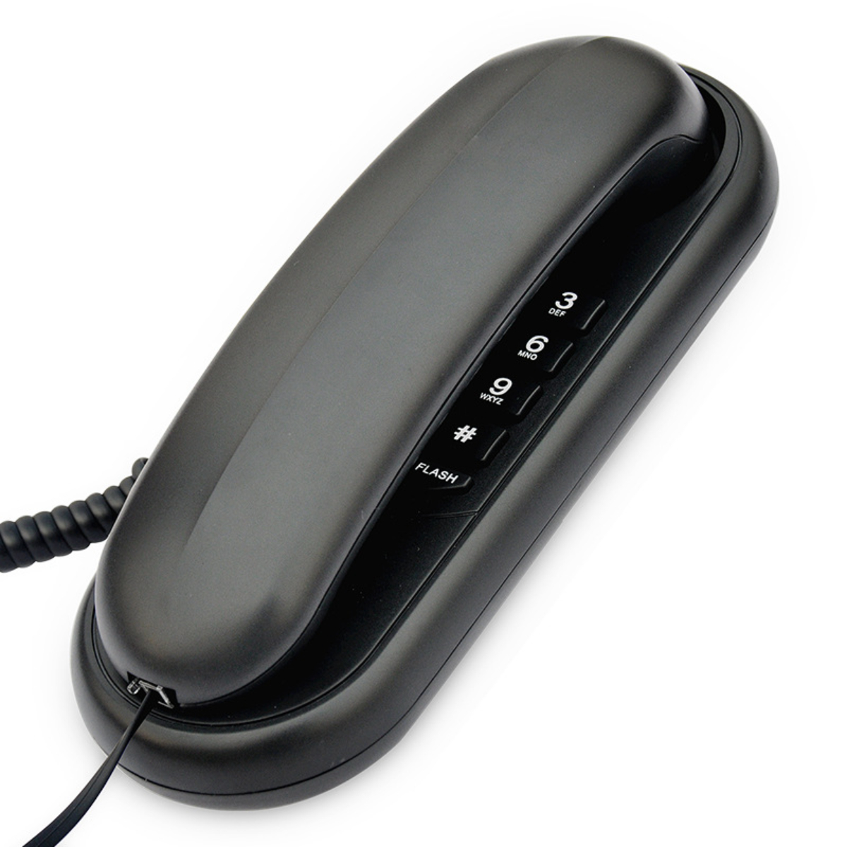 Ein schwarzes Telefon auf weißem Hintergrund, das den Hörer mit Wähltasten und einer Flash-Taste zeigt.