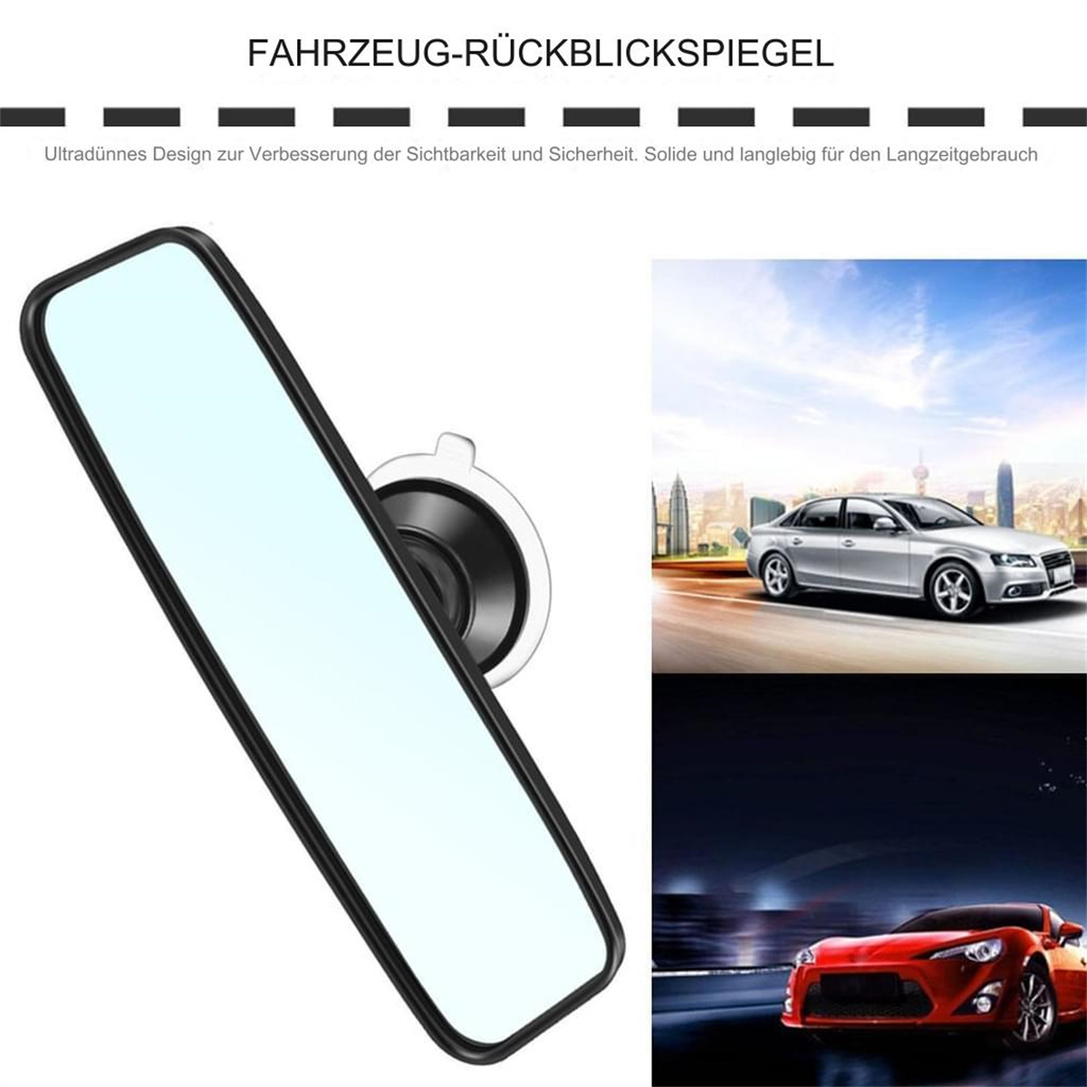 Rückspiegel mit Bildern von Autos und Stadtlandschaft, vor weißem Hintergrund. Text auf Deutsch.