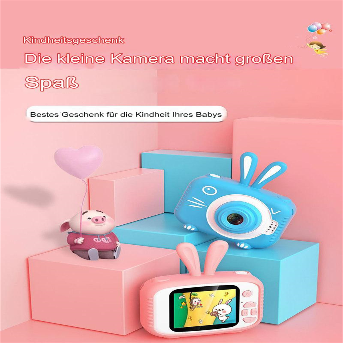 Kinderspielzeugkamera, Schwein mit Ballon und Text auf rosa und blauen Blöcken.
