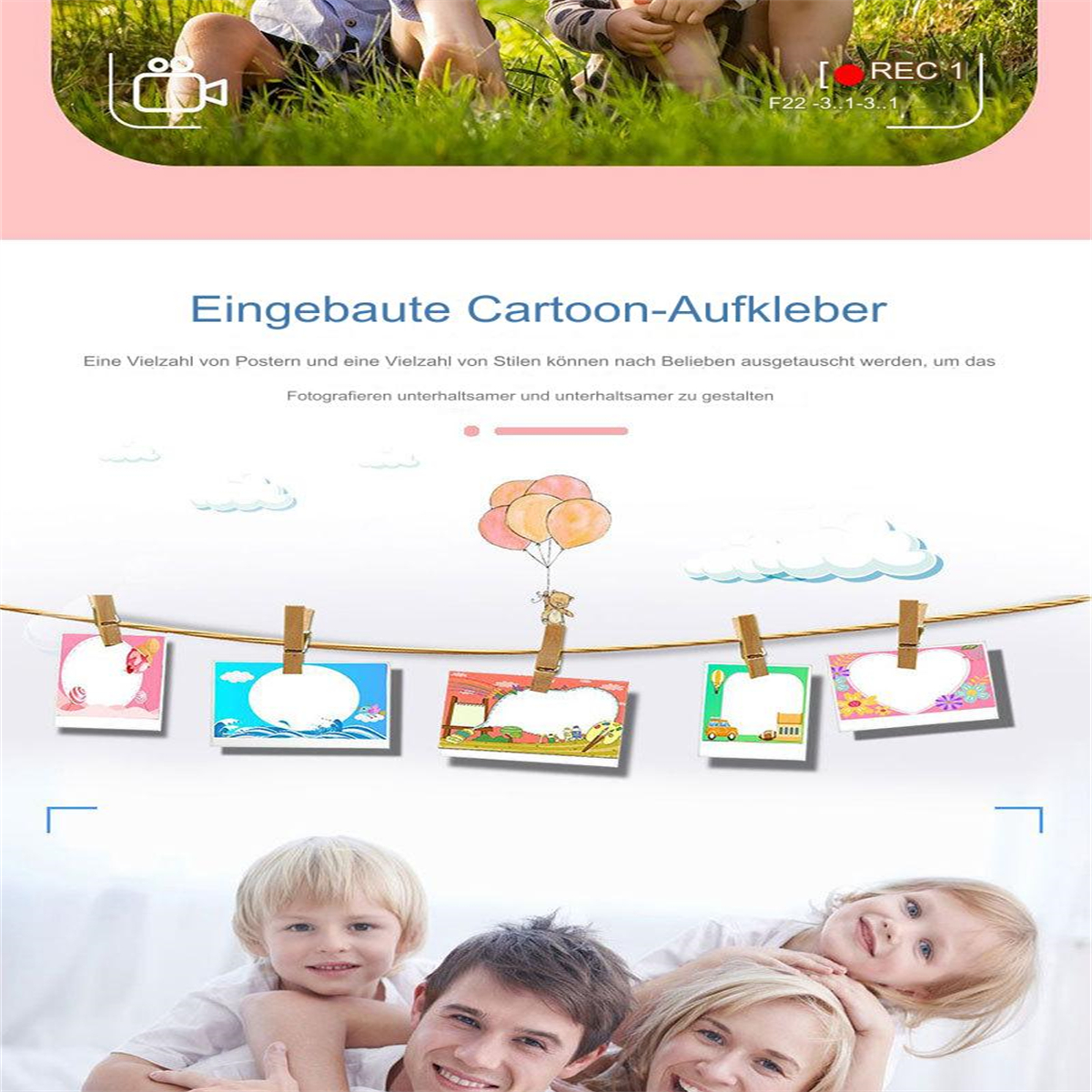 Familienfoto: Eltern und Kinder lächeln. Fotos hängen an einer Schnur mit Ballons im Hintergrund.