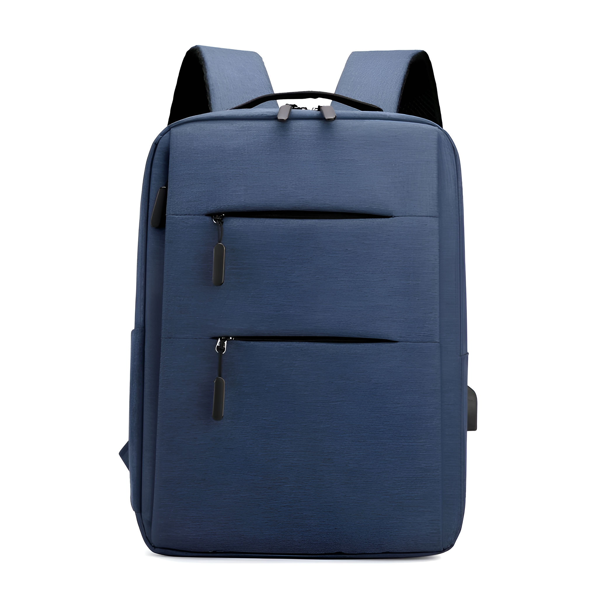 Blauer Rucksack mit zwei Fronttaschen und einem USB-Anschluss. Schwarze Träger und Reißverschlüsse.