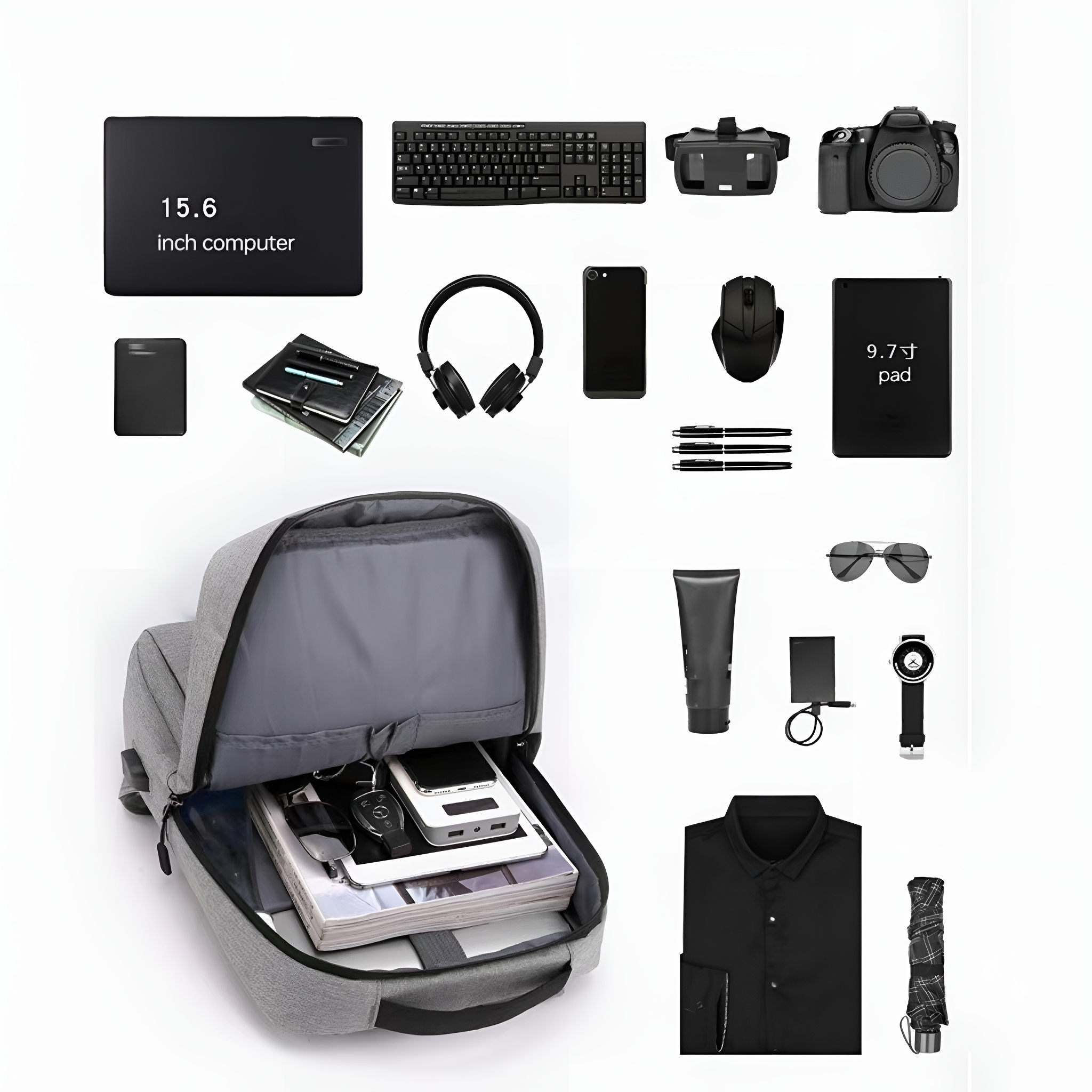 Rucksack mit verschiedenen Gegenständen: Laptop, Kopfhörer, Tablet, Kamera, Hemd, Stifte, Uhr und Brille.