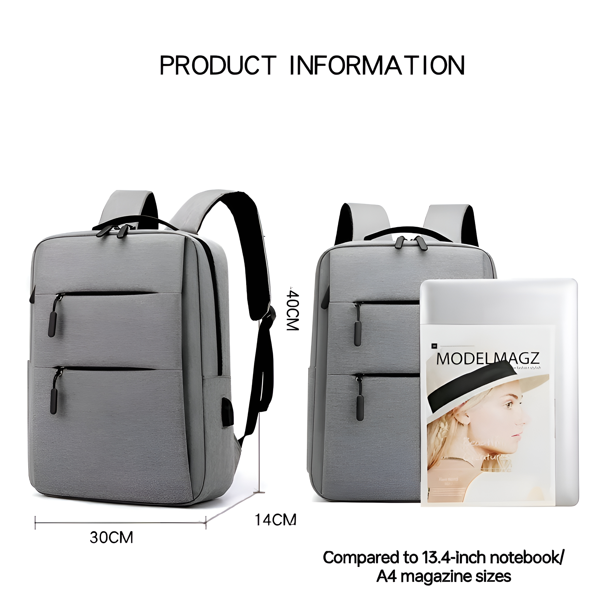Grauer Rucksack mit schwarzen Trägern. Abmessungen 30x40x14cm. Verglichen mit Magazin und Notizbuch.