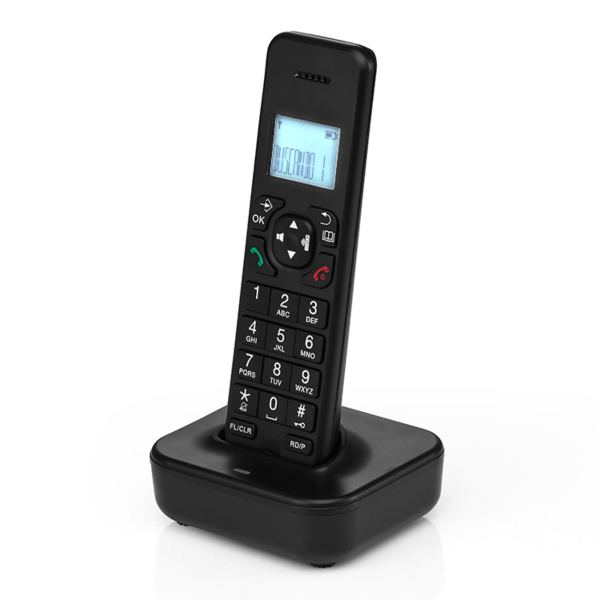Ein schwarzes schnurloses Telefon und eine Basis auf weißem Hintergrund.