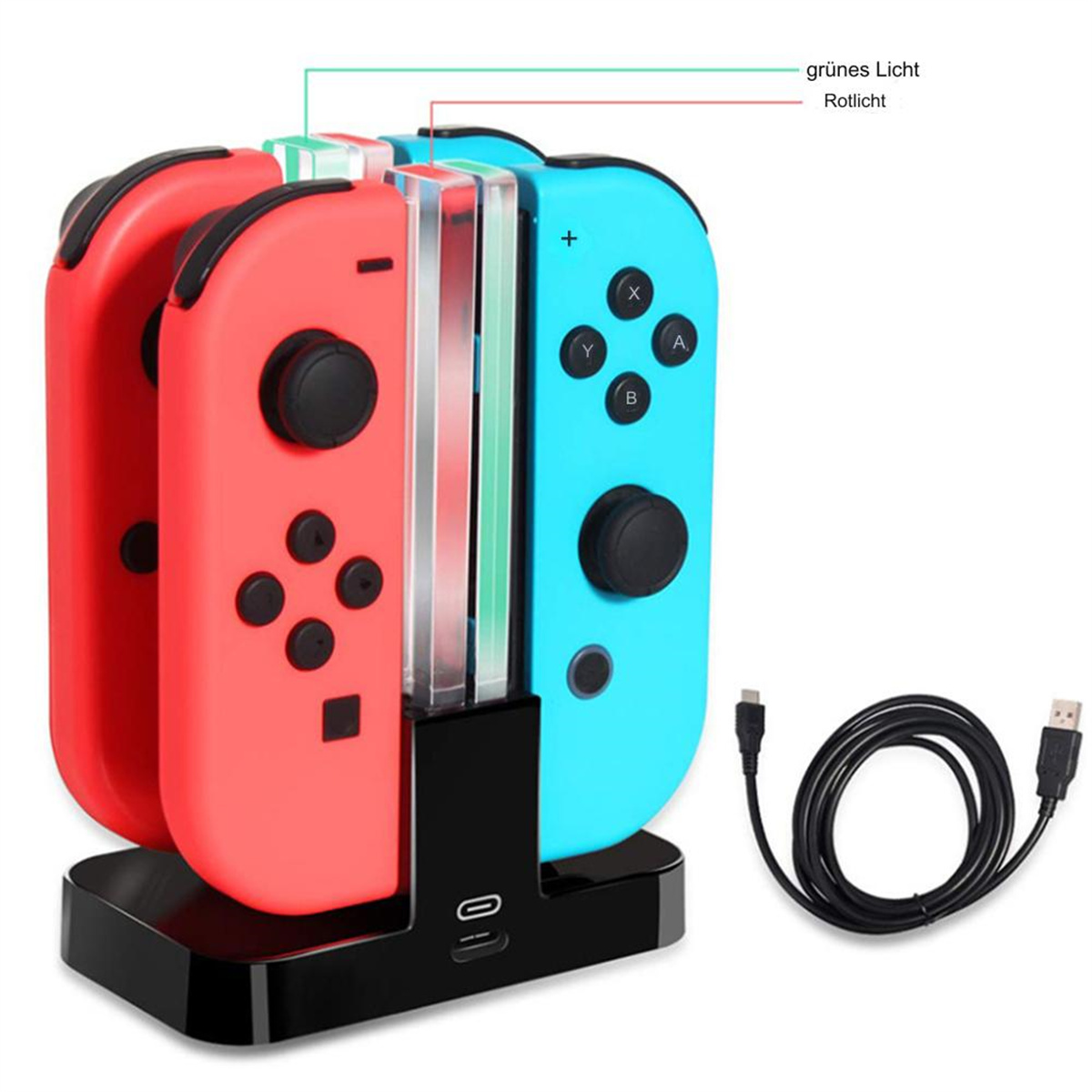 Rote und blaue Gamecontroller mit Ladegerät. Rechts befindet sich ein schwarzes USB-Kabel.
