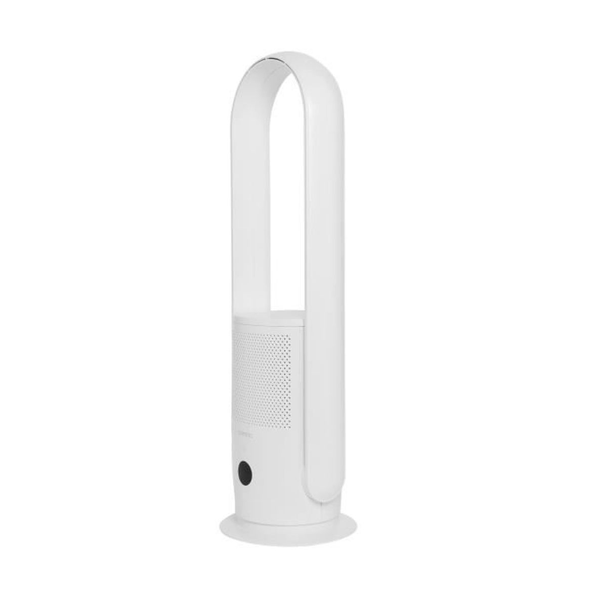 Un ventilatore bianco senza pale è in piedi. Ha una parte superiore ad anello, una sezione centrale perforata e una base rotonda.