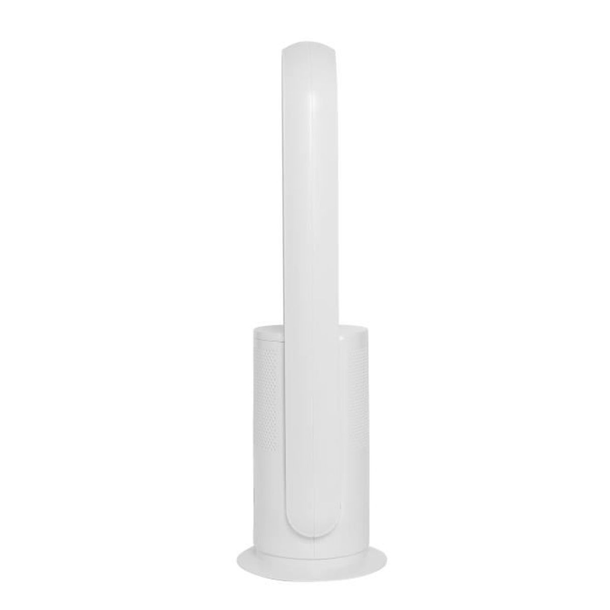 Un purificatore d'aria bianco e moderno con una parte superiore alta e curva e una base cilindrica, su sfondo bianco.