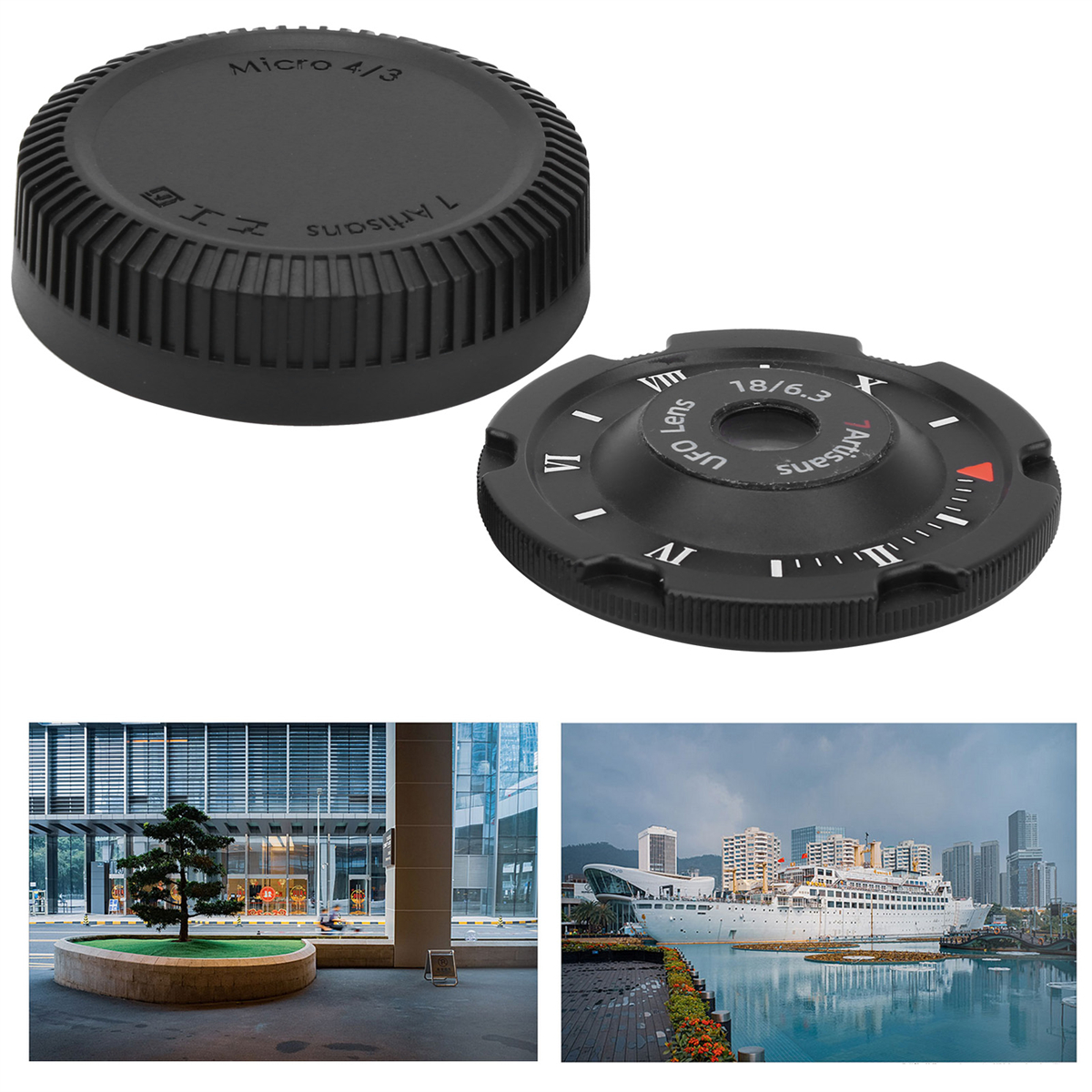 Zwei Objektivdeckel und drei Fotos von Gebäuden. Eines von einem Gebäude, eines von einem Schiff und einer Stadt.