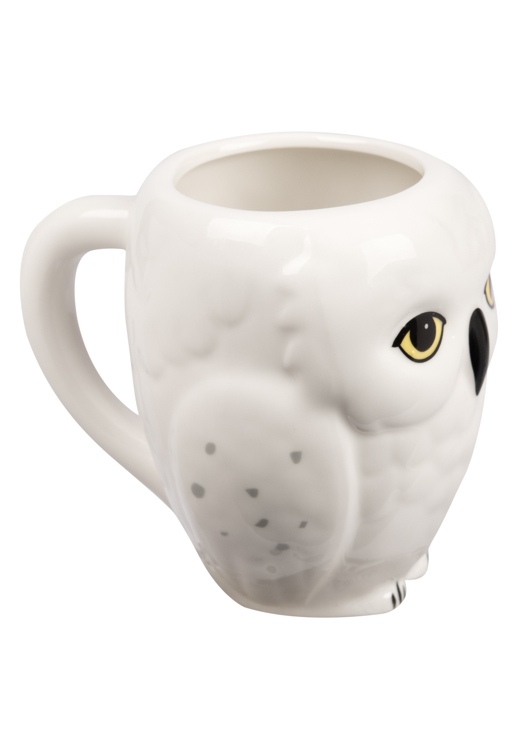 Weißer, eulenformiger Becher mit Henkel. Der Becher hat gelbe Augen und einen schwarzen Schnabel.