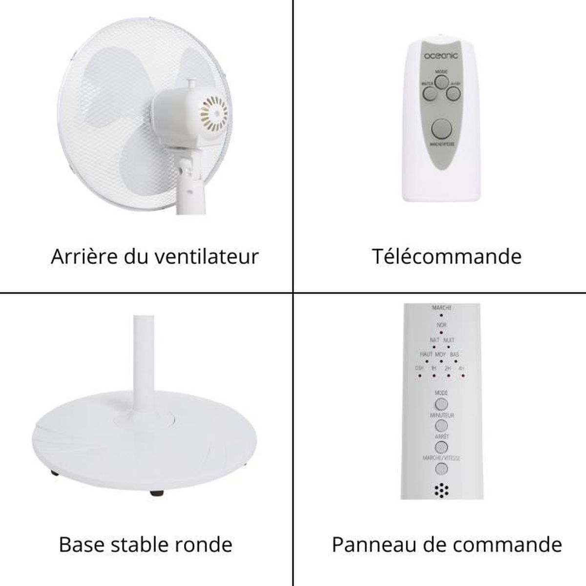 Quattro immagini mostrano parti del ventilatore: retro, telecomando, base, pannello.