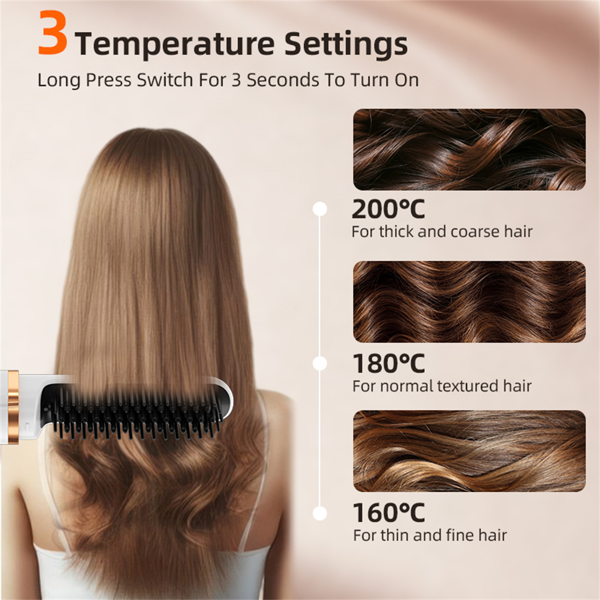 Haarglätter mit Temperatureinstellungen: 200°C, 180°C und 160°C. Haarproben zeigen die unterschiedlichen Ergebnisse.