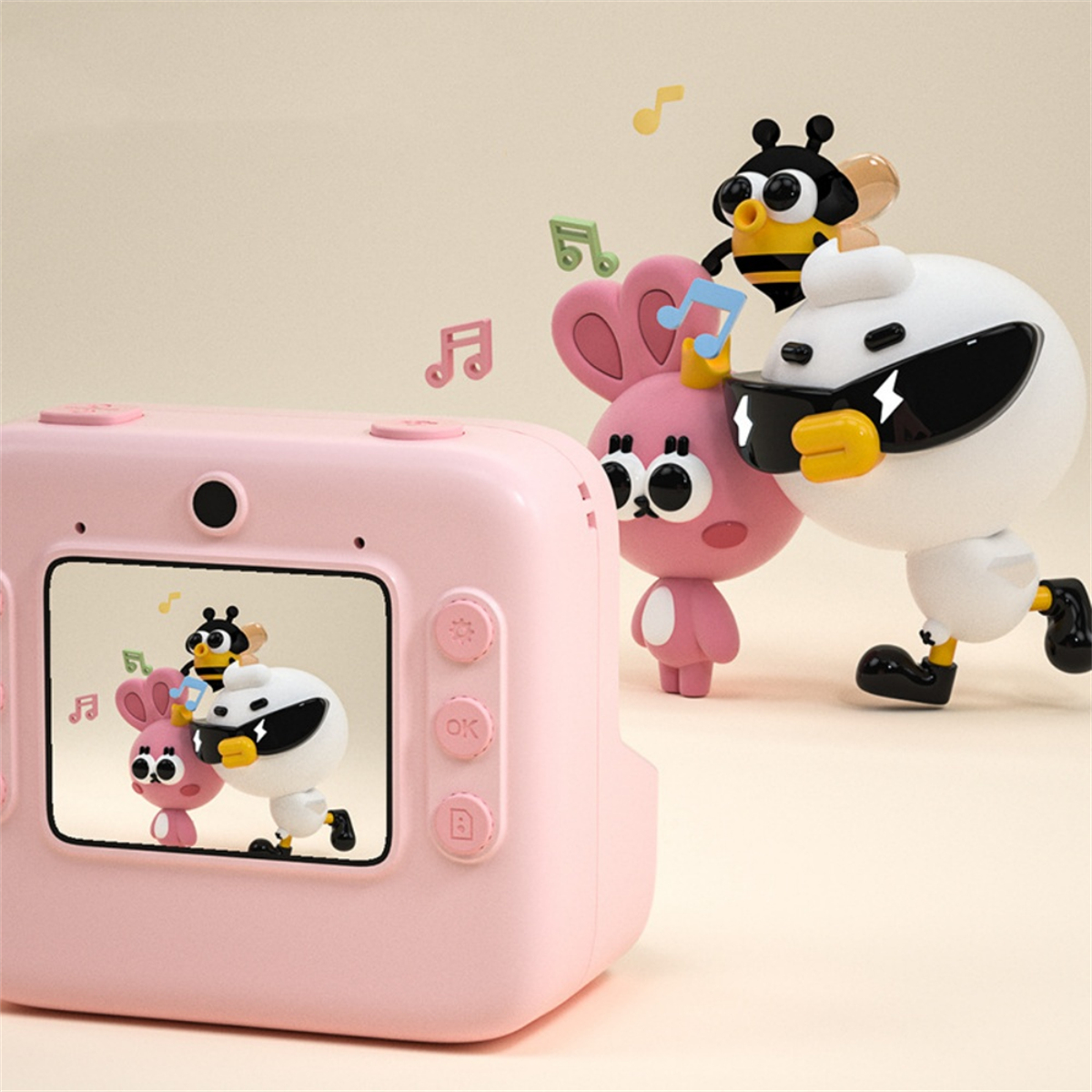 Eine rosa Kamera mit Cartoonfiguren. Bienen, Hasen und ein Vogel spielen.