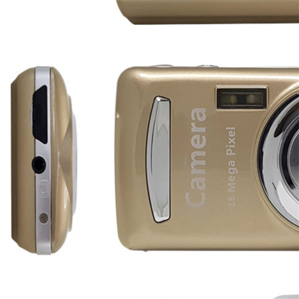 Goldene Kamera mit dem Wort "Camera" darauf. Die Seitenansicht wird ebenfalls gezeigt.
