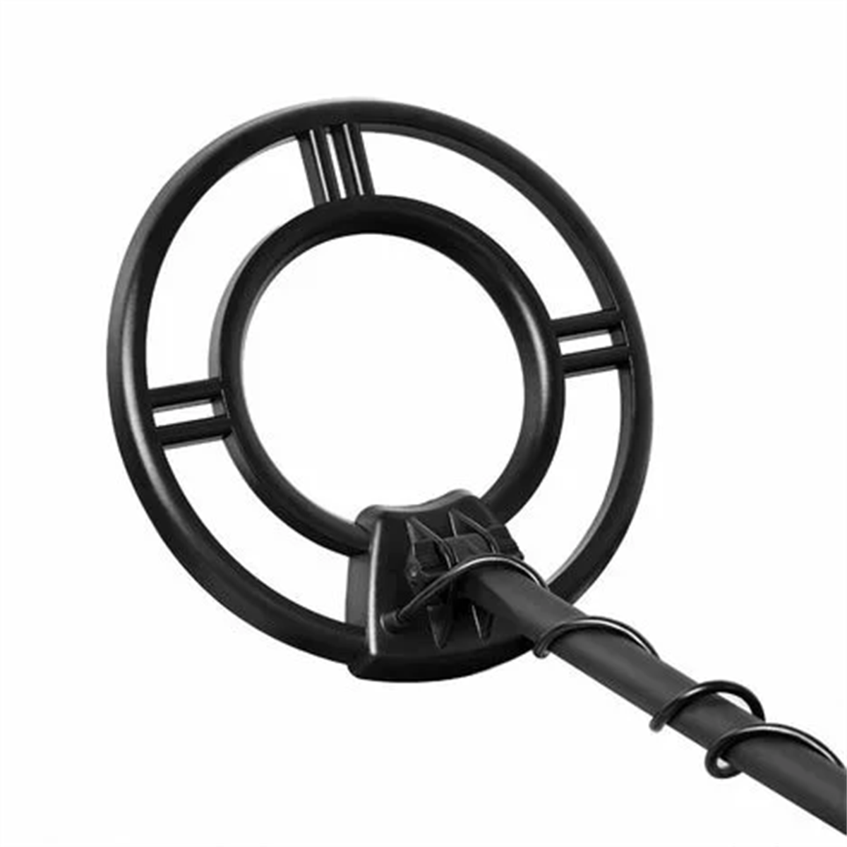 Ein schwarzer Metalldetektor-Kopf mit kreisförmigem Design, auf weißem Hintergrund.