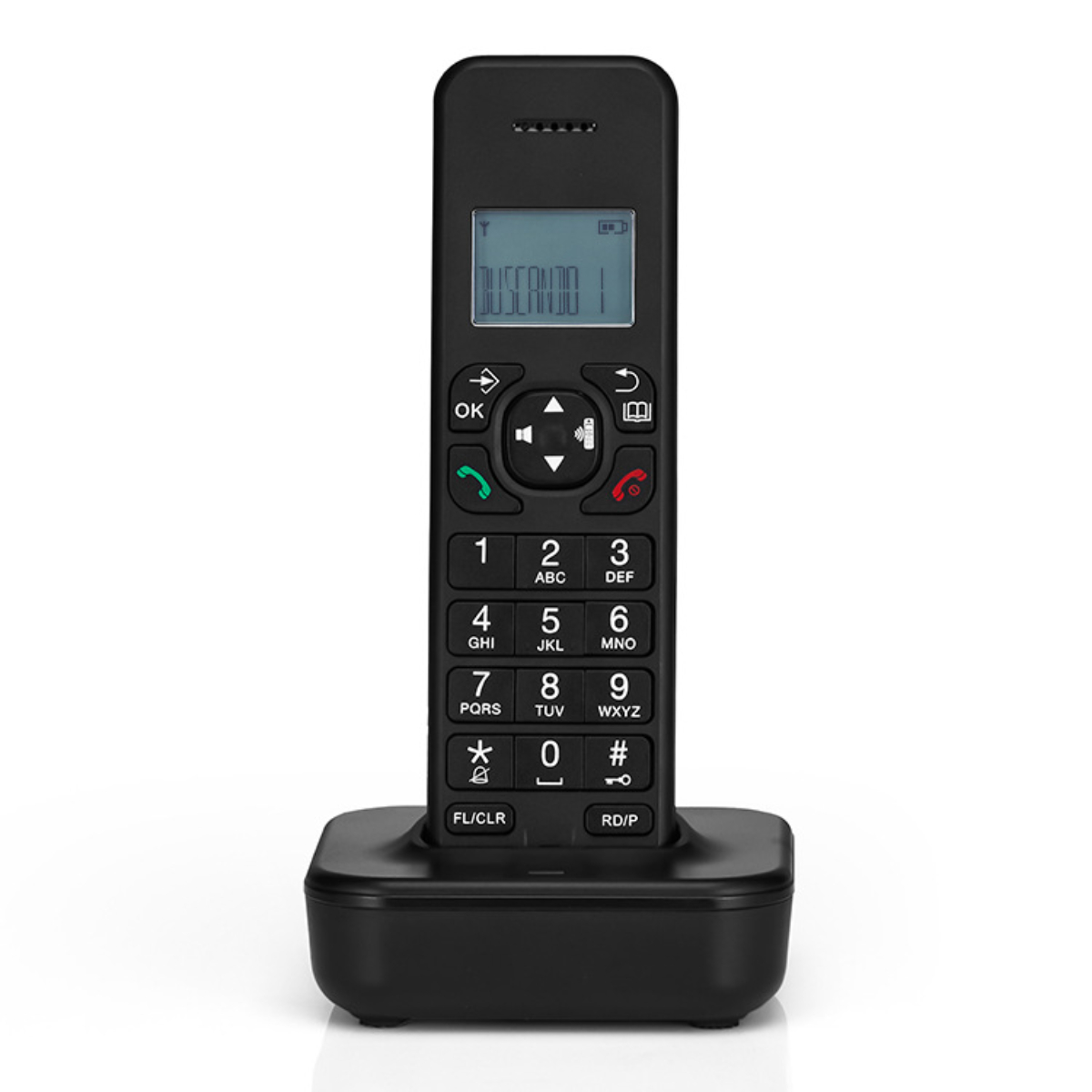 Schwarzes schnurloses Telefon mit Basis. Es hat Tasten und einen Bildschirm. Die Basis ist schwarz.