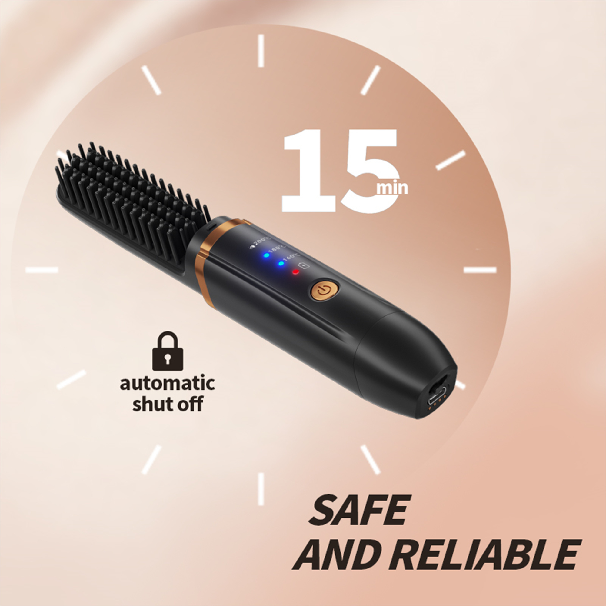 Eine schwarze Haarglättungsbürste mit Digitalanzeige und Ein-/Ausschalter. Text: Sicher und zuverlässig.
