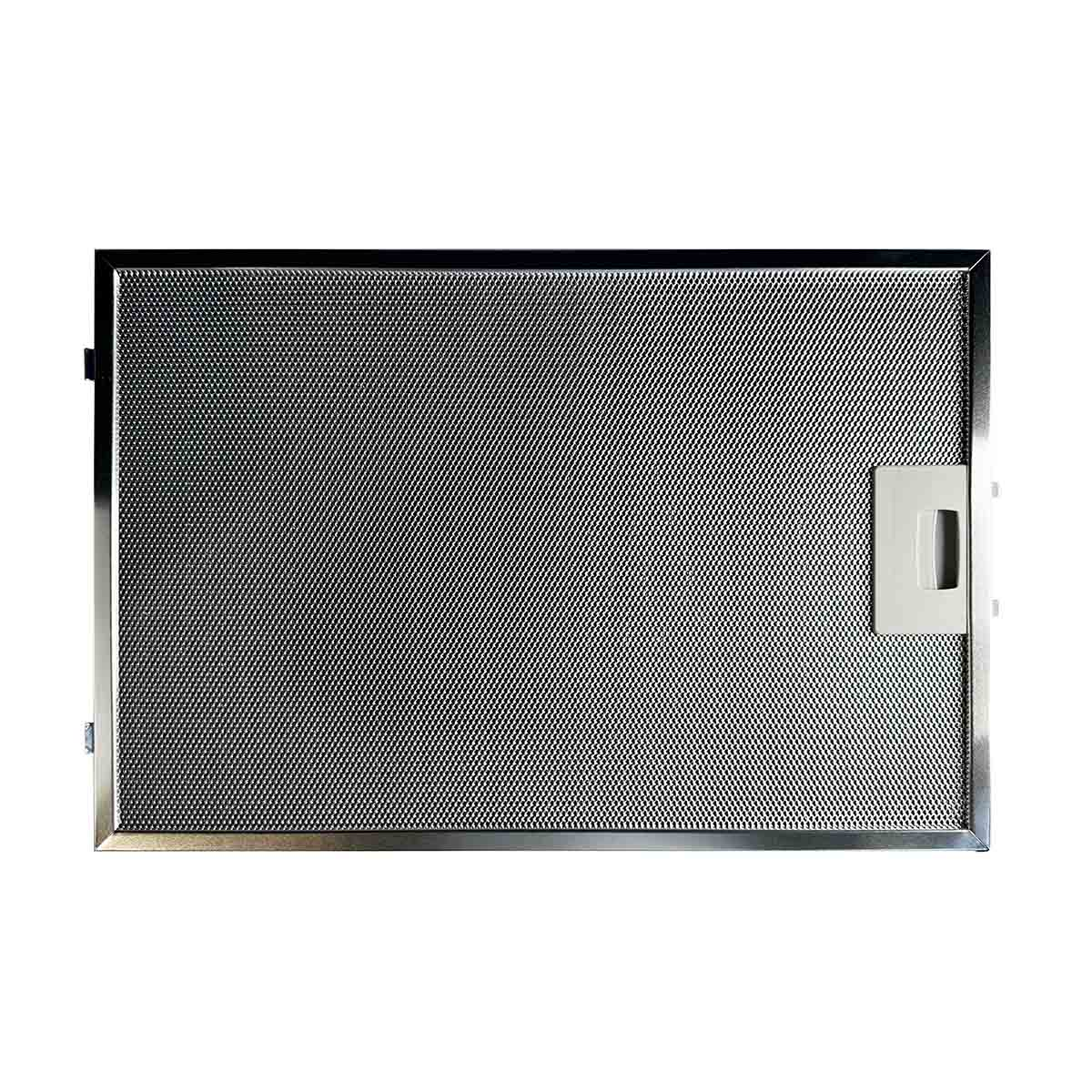 Silberner Metallfilter für Dunstabzugshaube. Zeigt ein Netzdesign. Rechteckige Form, mit Griff rechts.