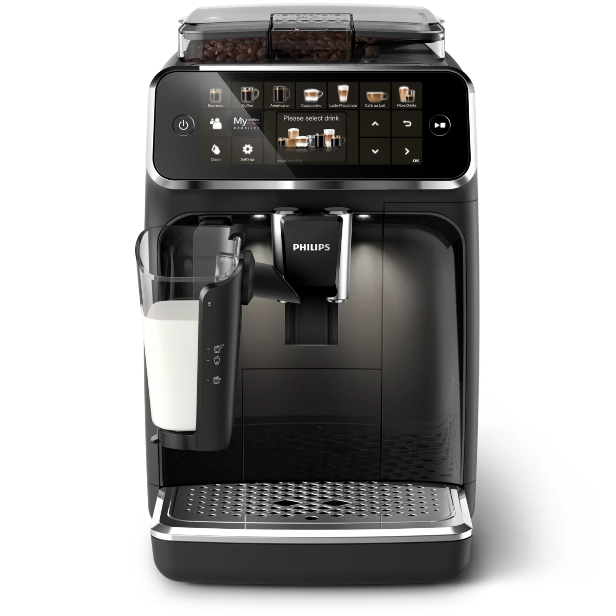 Siyah Philips espresso makinesi. Süt kabı solda. Önde cam bardak. Beyaz zemin.