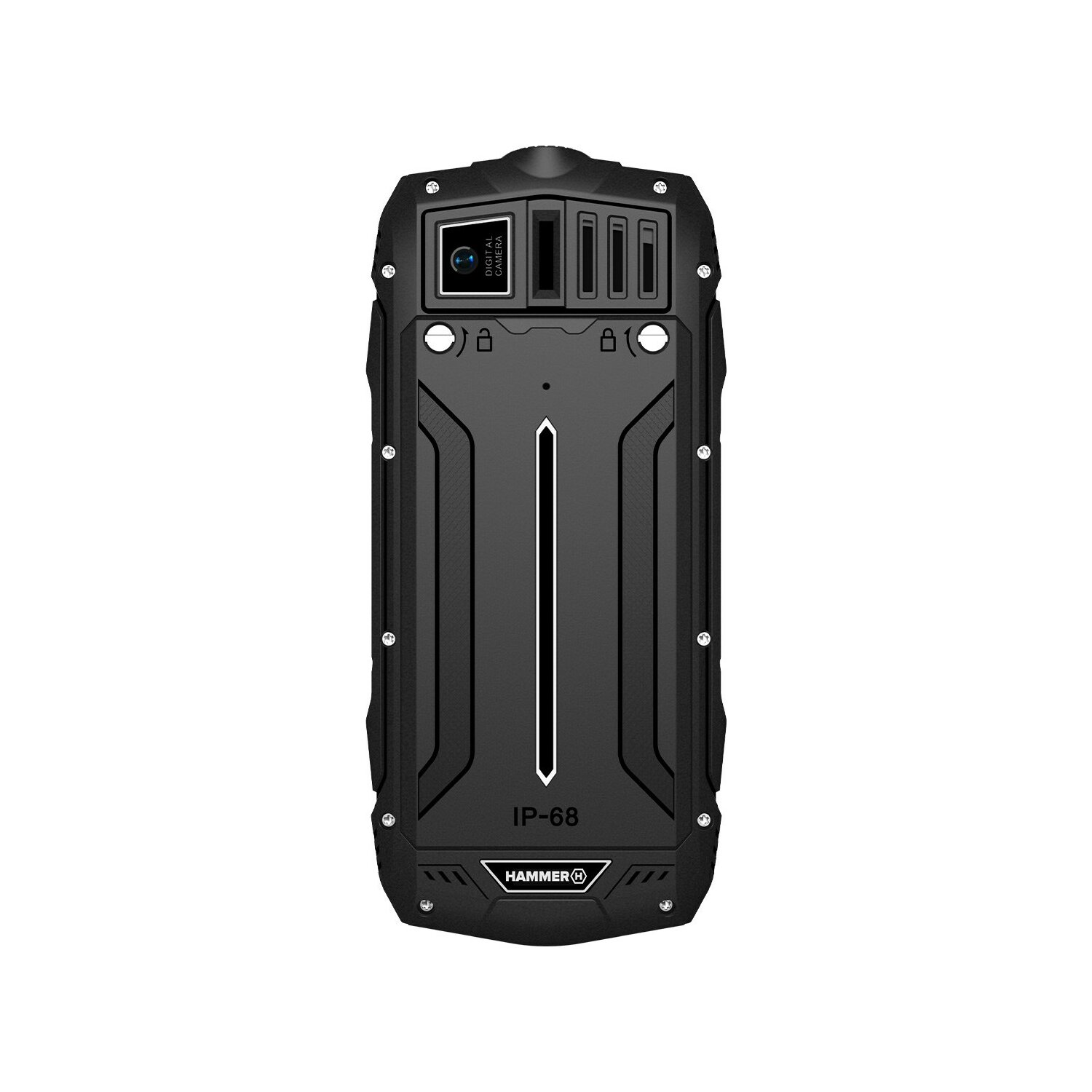 Schwarzes robustes Smartphone mit Kamera und Tasten.