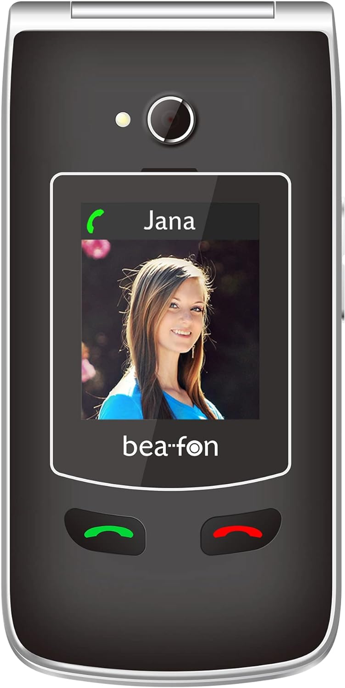 Un teléfono plegable con foto de mujer en la pantalla, la palabra 'bea-fon'.