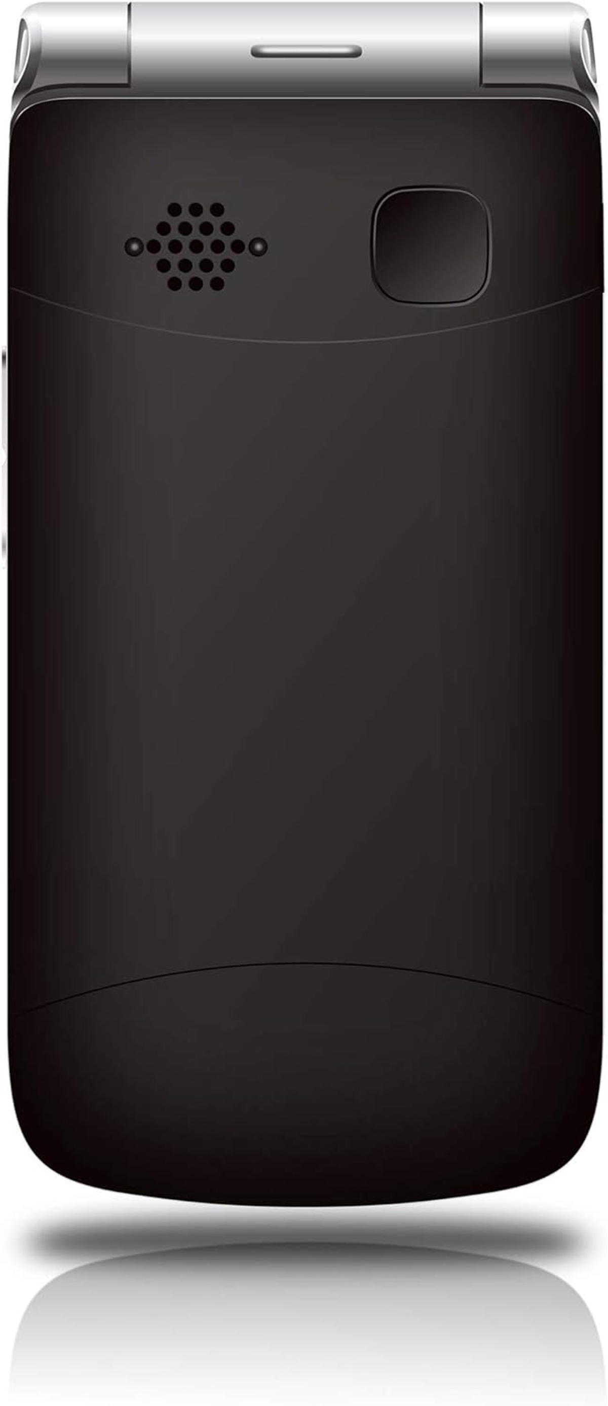 Teléfono plegable negro cerrado, mostrando la parte trasera. Detalles de altavoz y cámara pequeños.