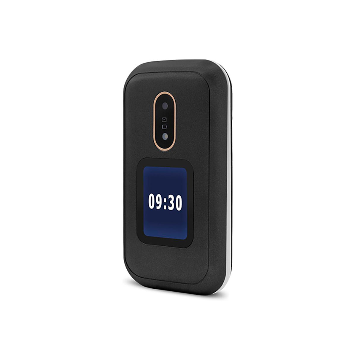 Schwarzes Klapphandy mit kleinem Bildschirm, der 09:30 anzeigt. Goldakzente. Einfaches Design.
