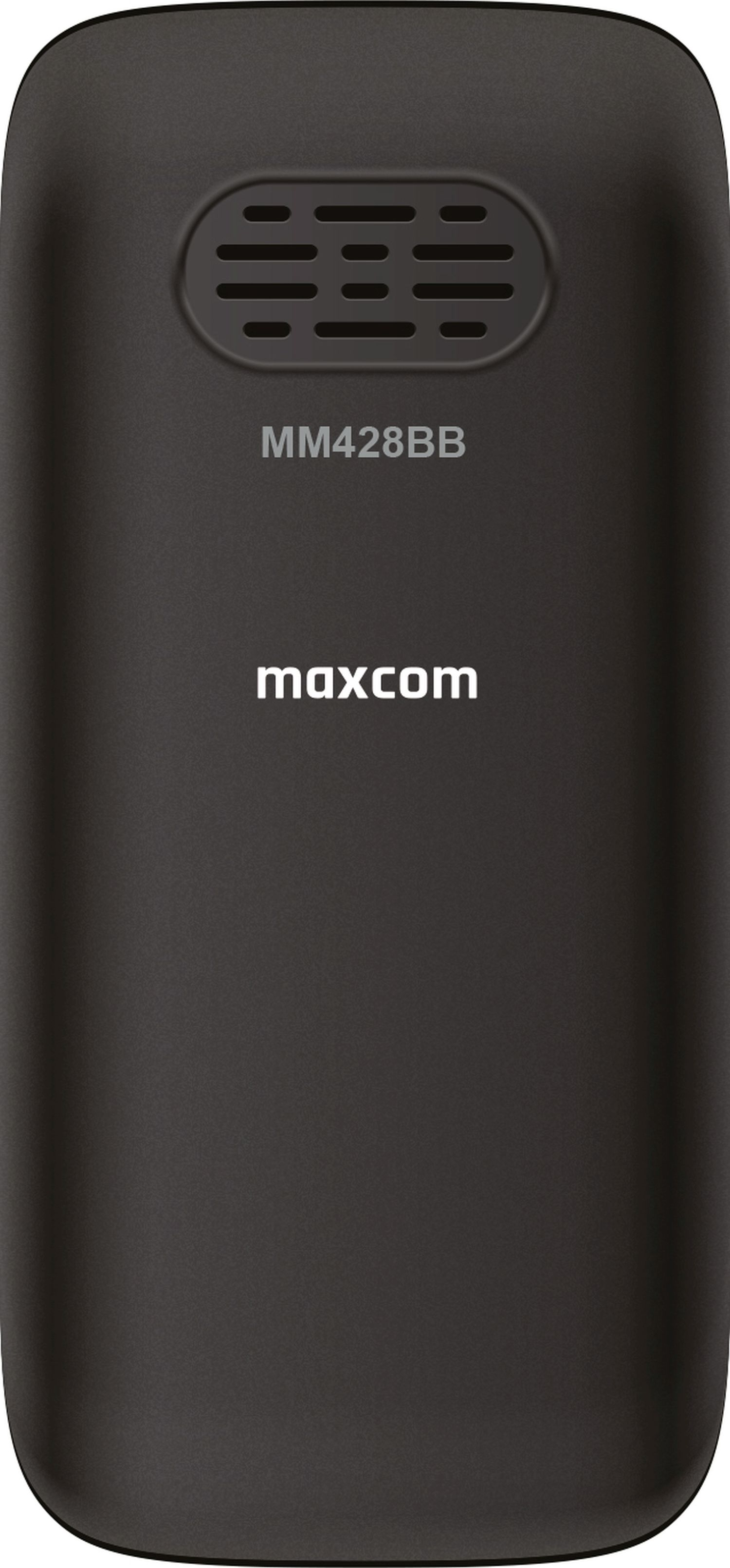 Schwarzes Mobiltelefon mit dem Text „MM428BB“ und dem Logo „maxcom“ darauf gedruckt.