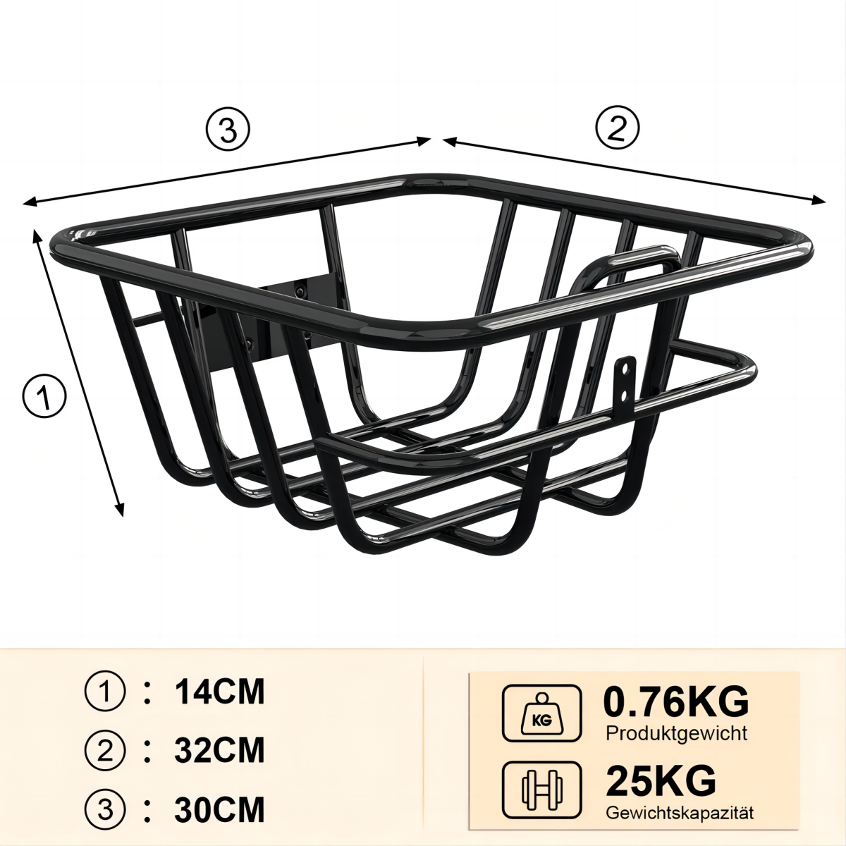 Ein schwarzer Fahrradkorb aus Metall mit Abmessungen und Gewichtsangaben.