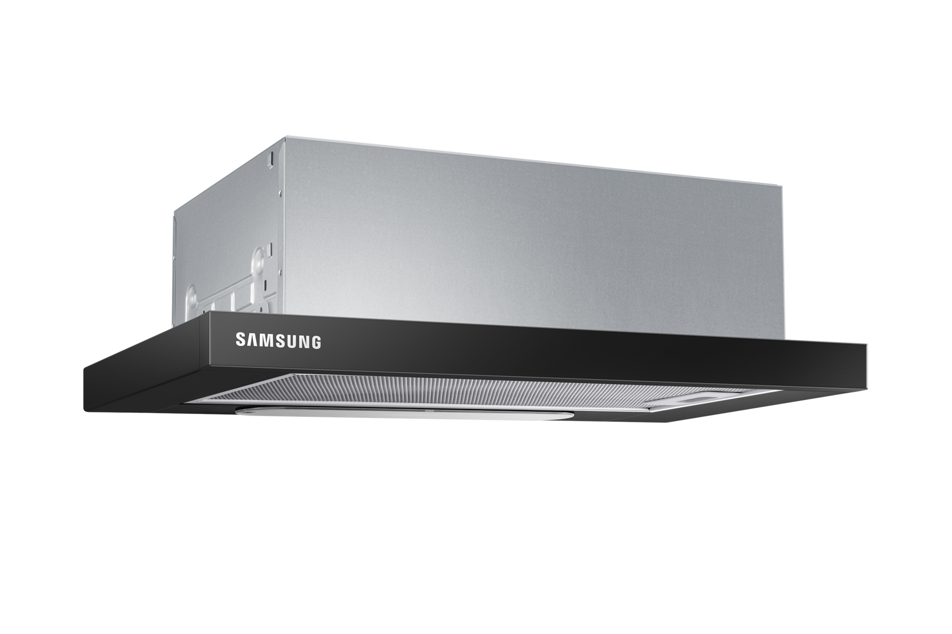 Schwarze Samsung Dunstabzugshaube mit Metalloberseite und Markennamen auf der Vorderseite.