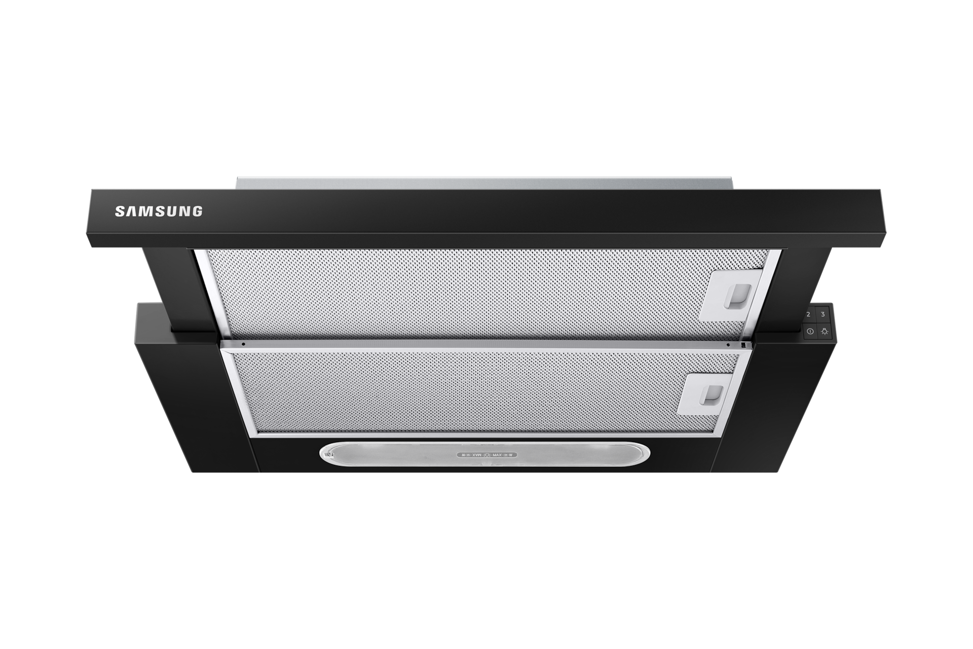 Schwarze Samsung Dunstabzugshaube auf schwarzem Hintergrund. Die Haube hat zwei silberne Filter und das Samsung-Logo.