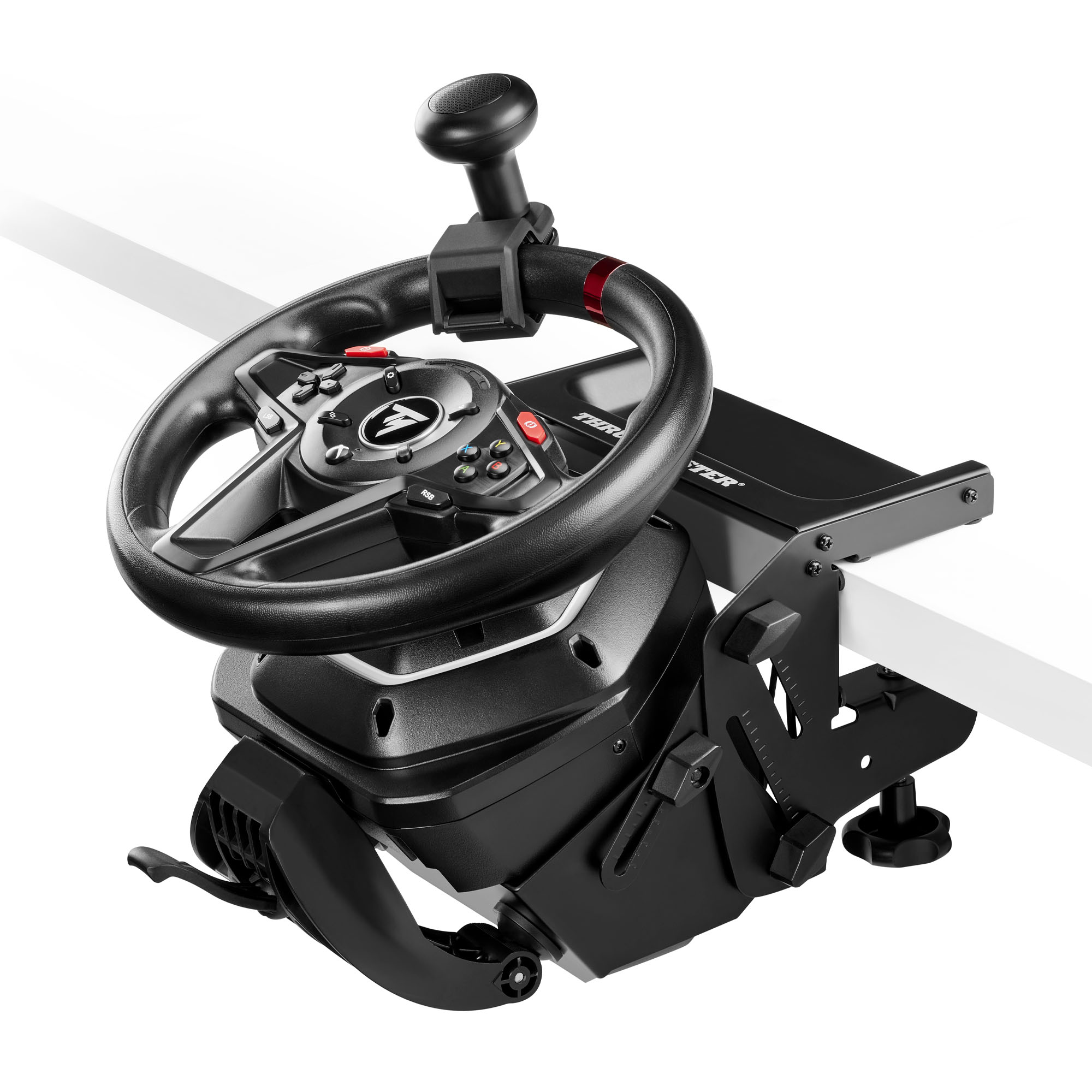 Czarna kierownica wyścigowa z przyciskami i dźwignią zmiany biegów, przymocowana do czarnego stojaka.