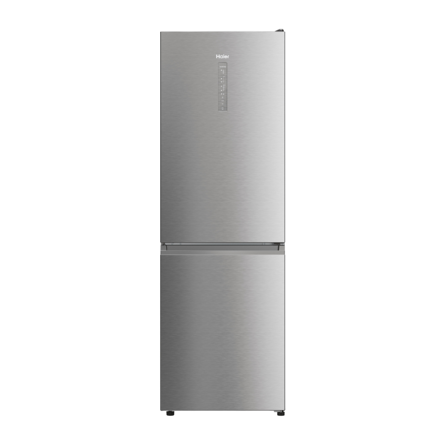 Ein Haier-Kühlschrank aus Edelstahl. Er hat eine obere Tür und eine untere Schublade. Schwarzer Hintergrund.