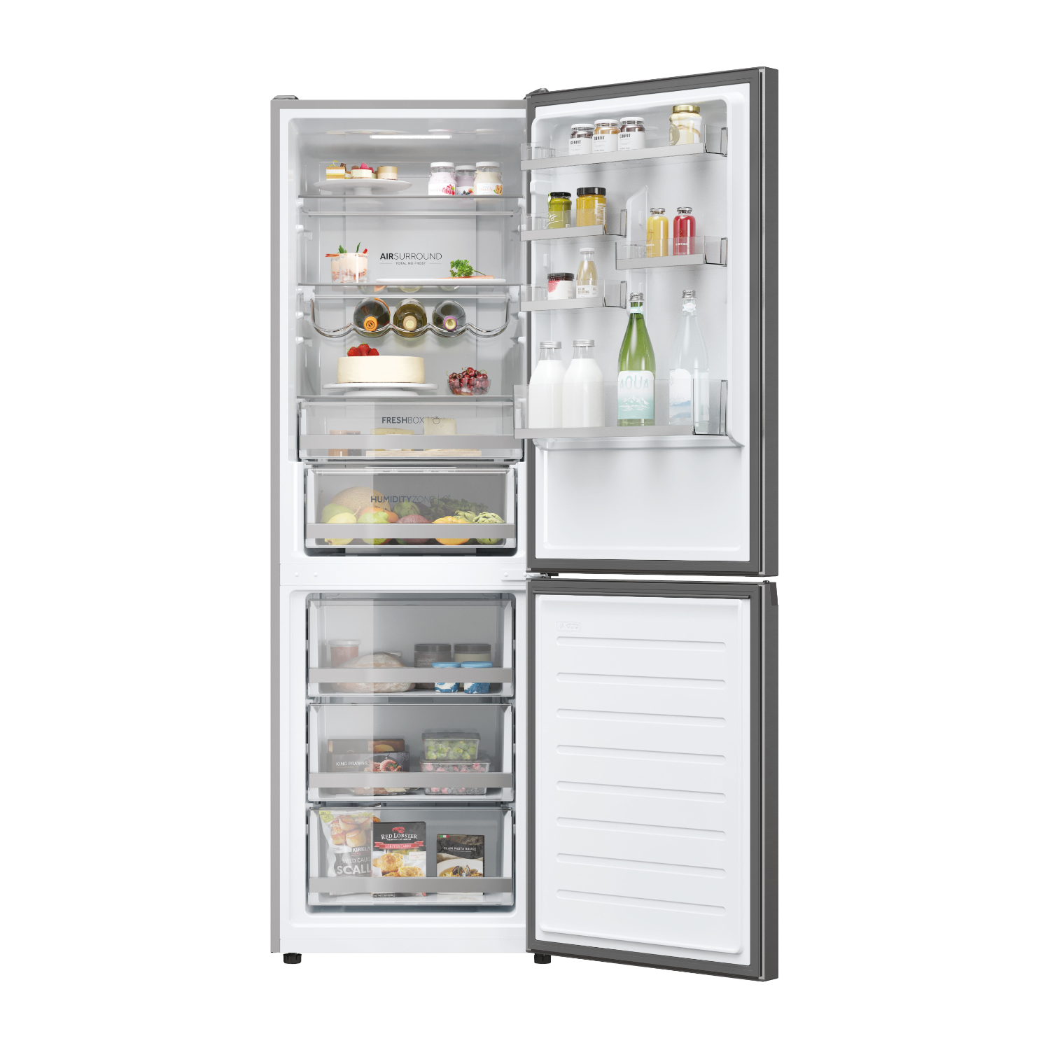 Kühlschrank mit geöffneten Türen. Essen und Getränke im Inneren, silbernes Äußeres.