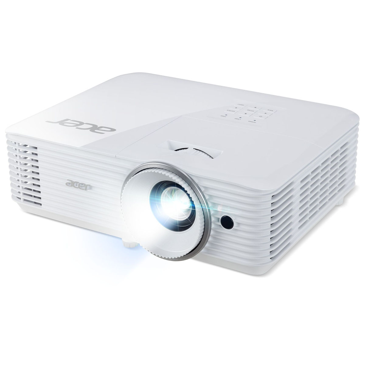 Biały projektor Acer z obiektywem emitującym światło, białe tło.