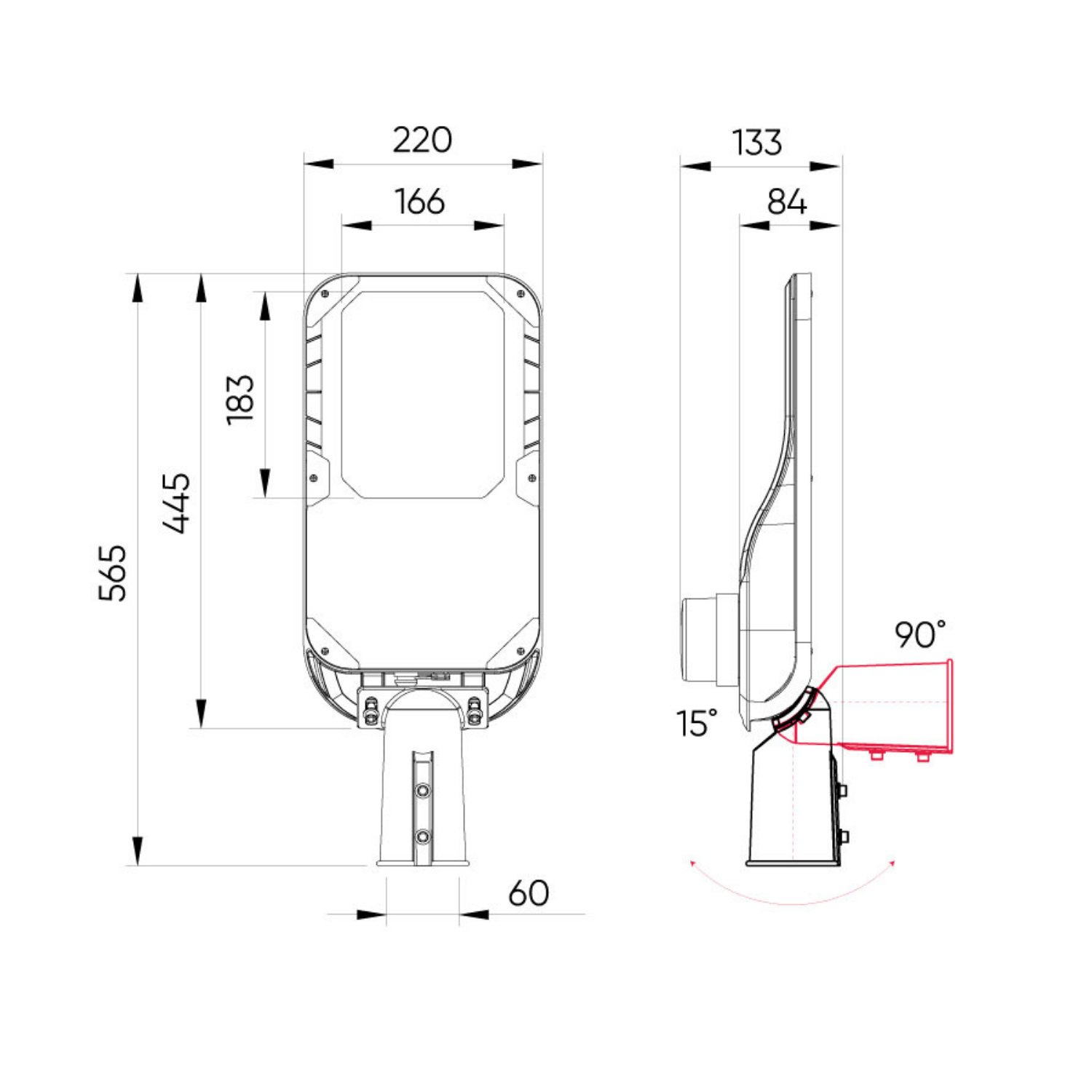 Technische Zeichnung mit Abmessungen einer Straßenlaterne, mit Messungen in Millimetern.