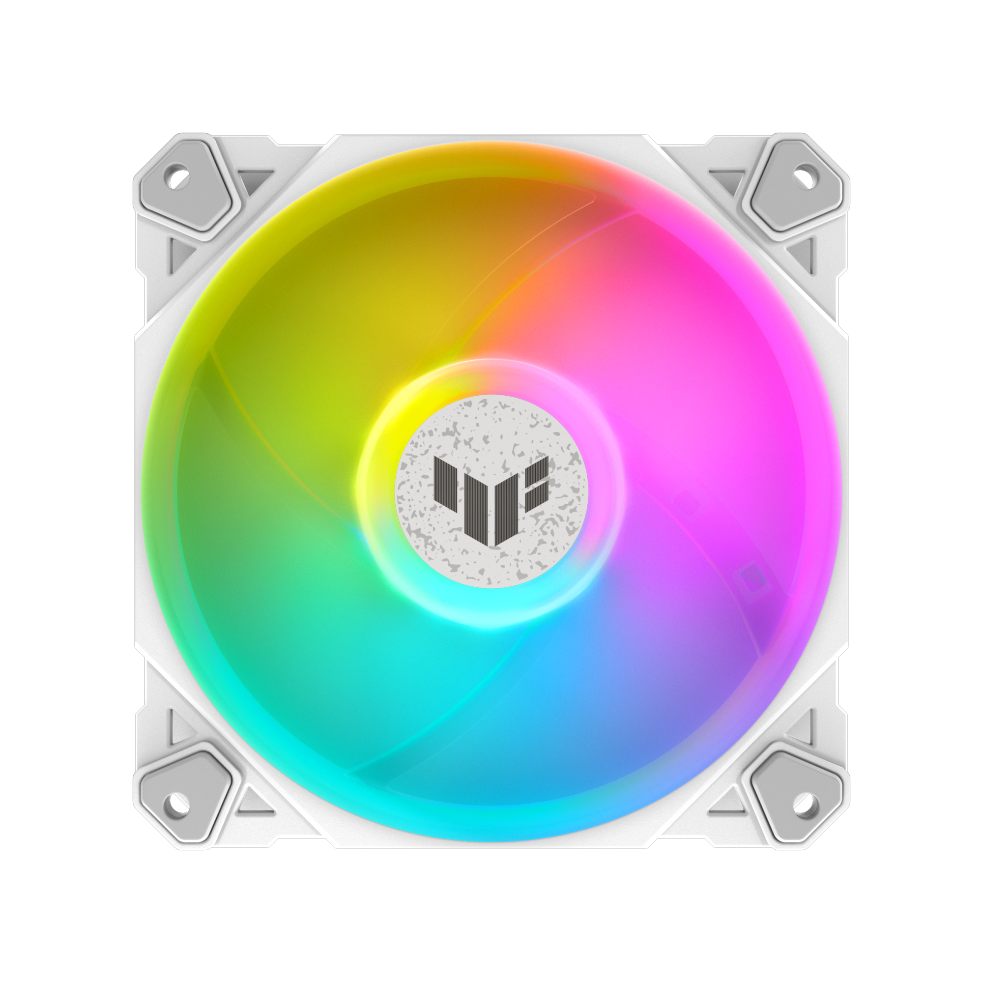 Wentylator komputerowy z kolorowymi światłami. Wentylator jest biały z logo na środku.