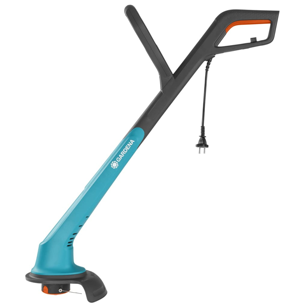 Elektrischer Rasentrimmer von Gardena mit schwarzem und teal-farbenem Design.