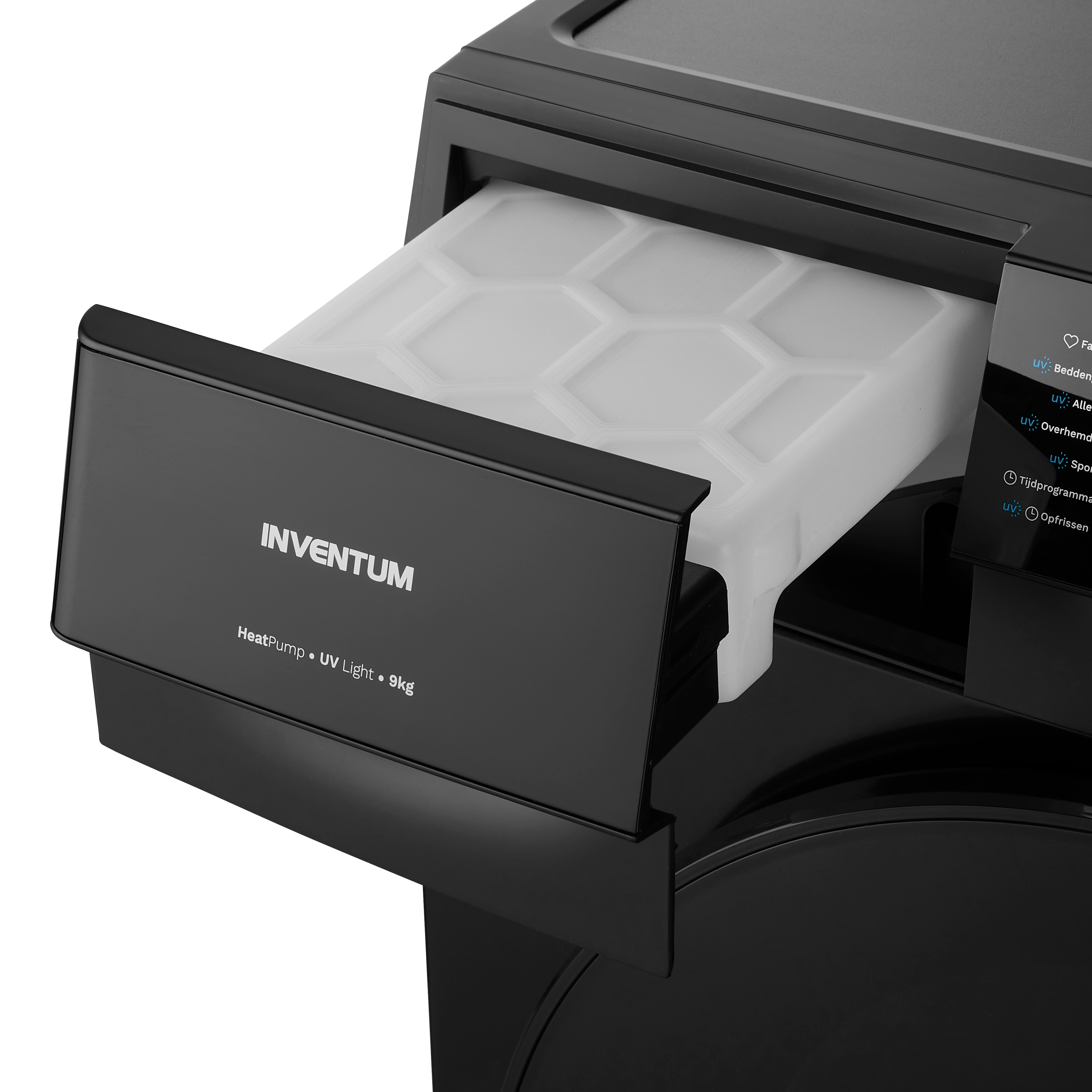 Black dryer with a drawer partially open, showing a white filter and the Inventum logo.