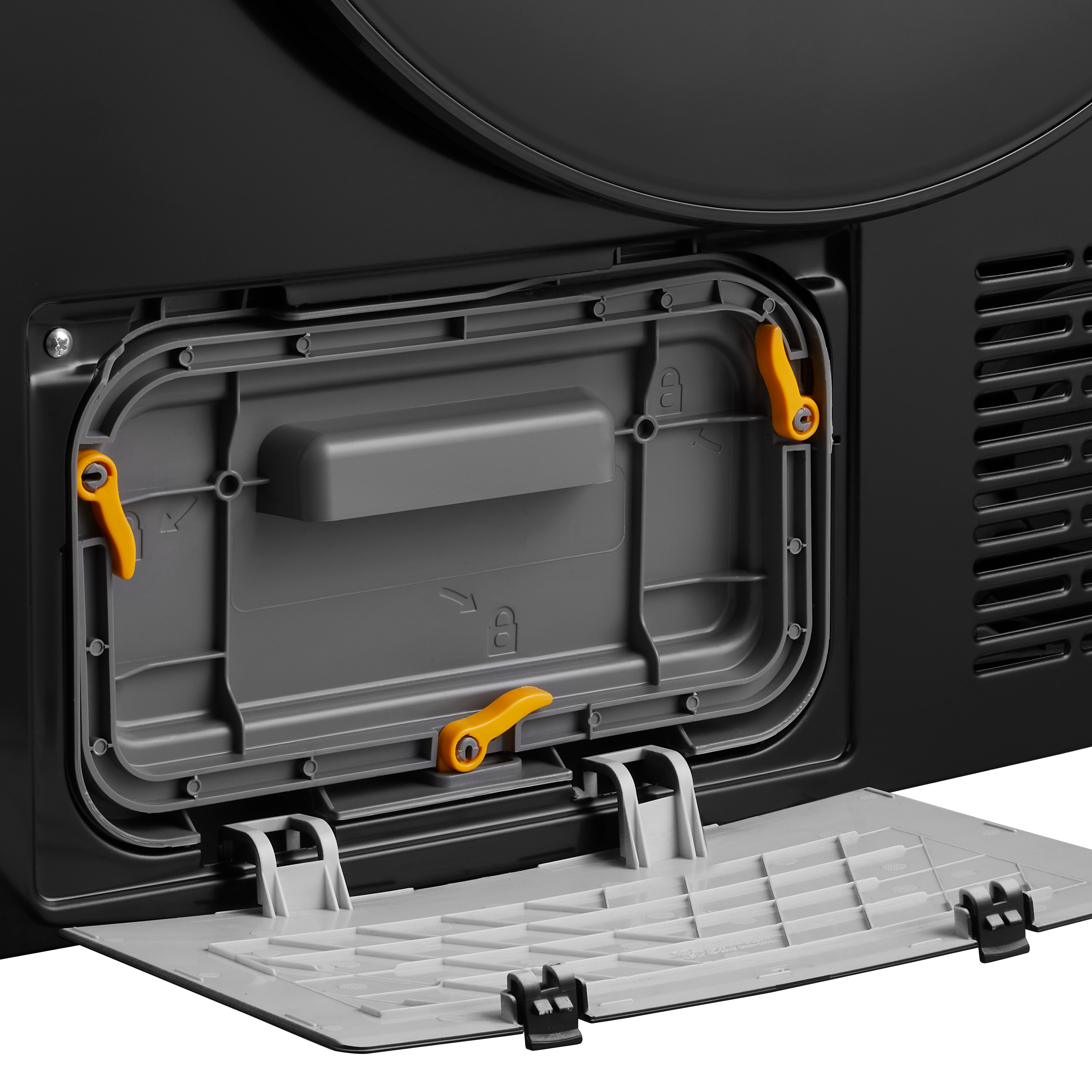 The back of a black dryer, showing an open access panel with orange levers.