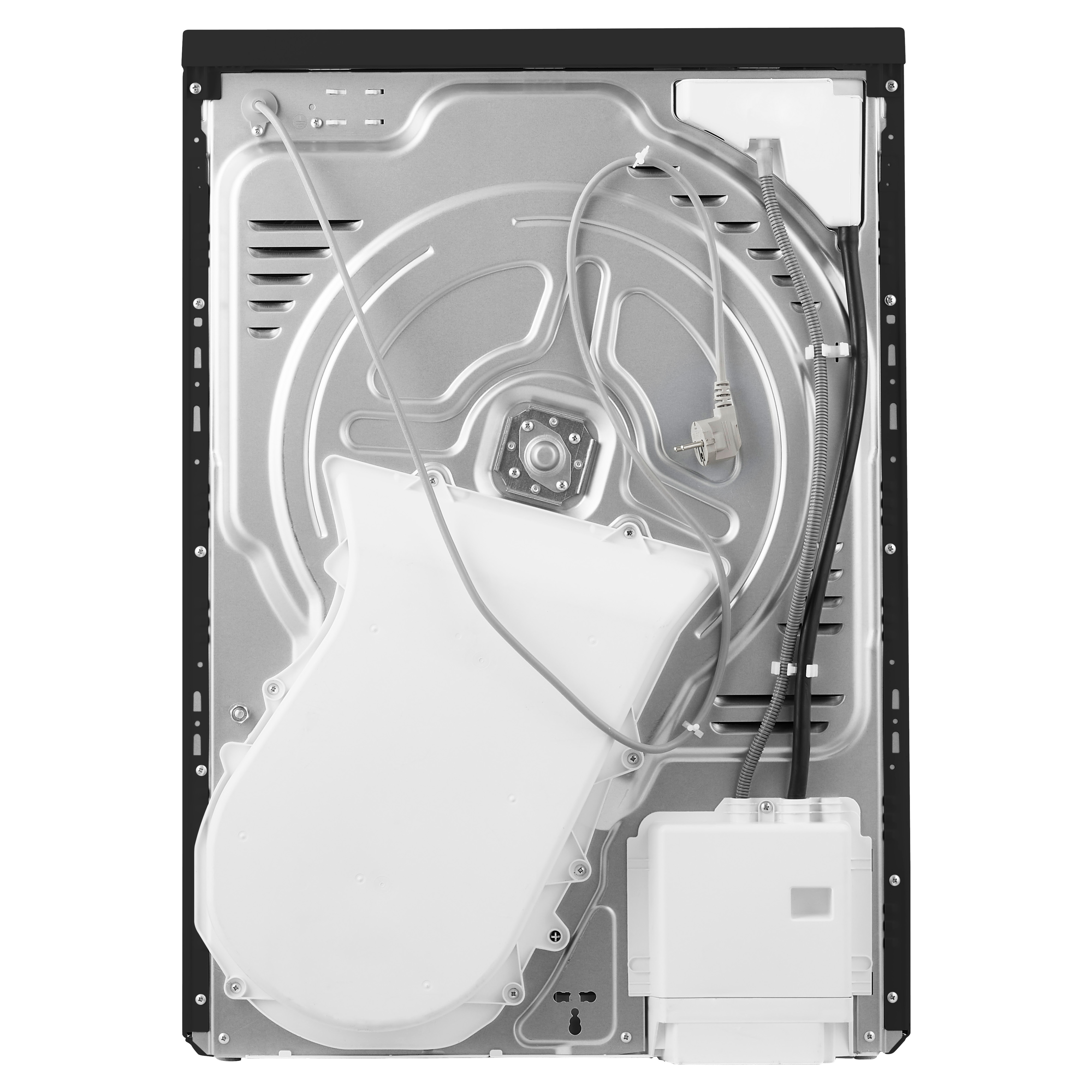 The back of a black dryer with internal components visible, including a fan and hoses.
