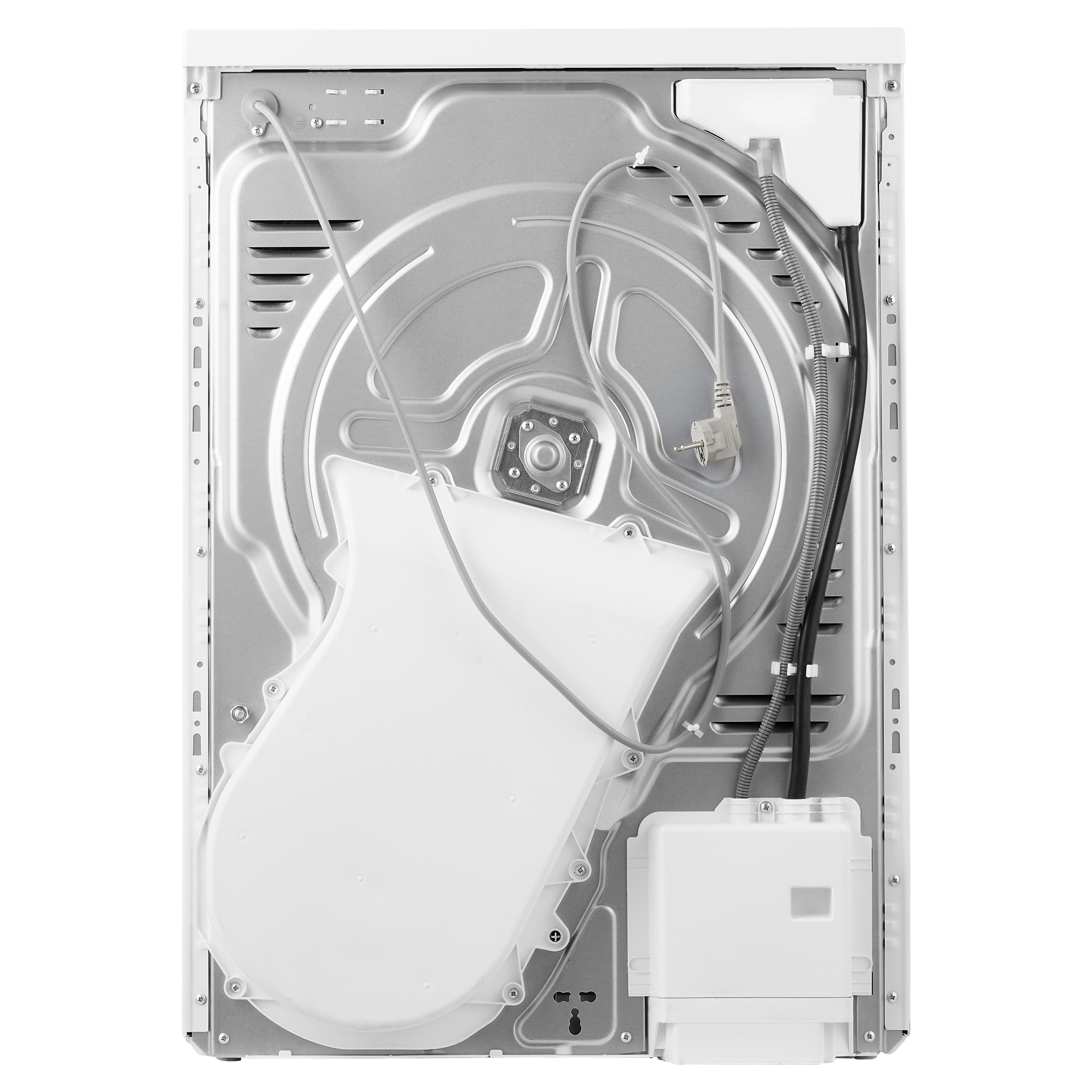 Achteraanzicht van een witte wasmachine. Het heeft een grote witte deur en diverse interne componenten.