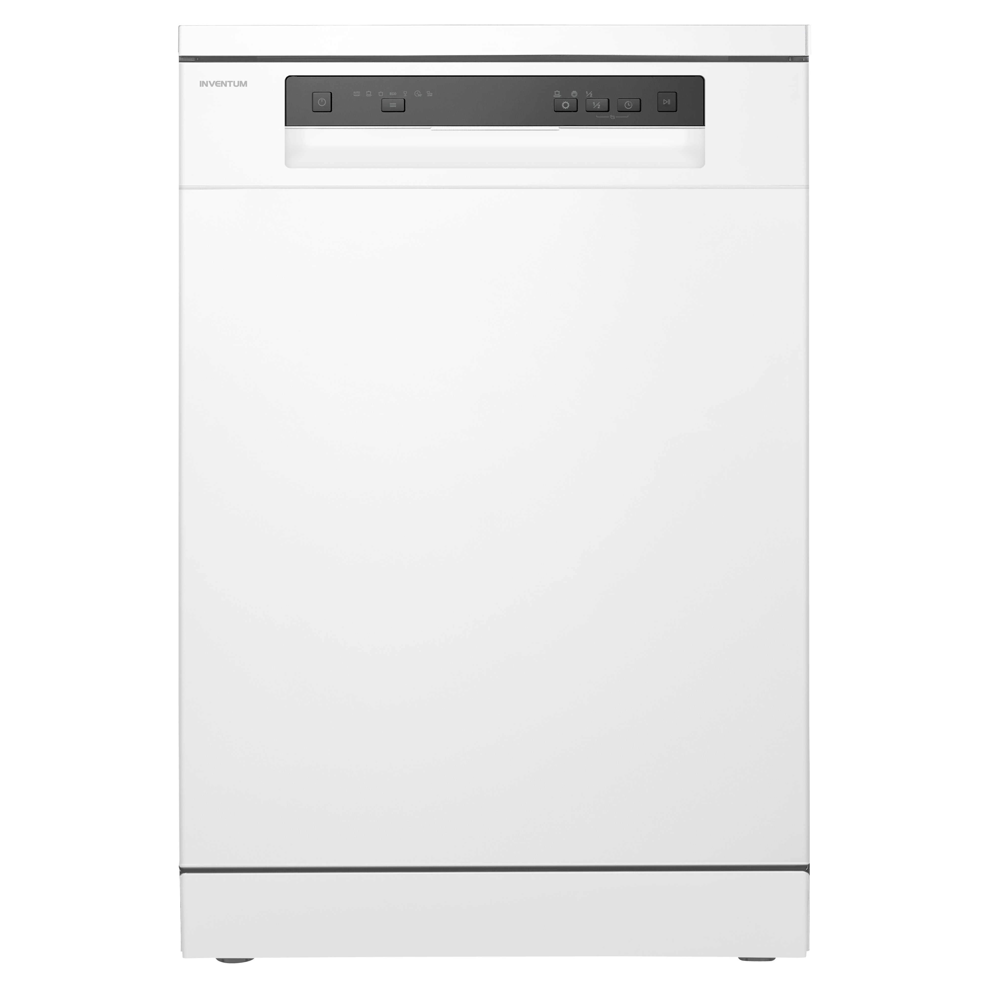 White dishwasher with a black control panel at the top. Brand name is Invertum.