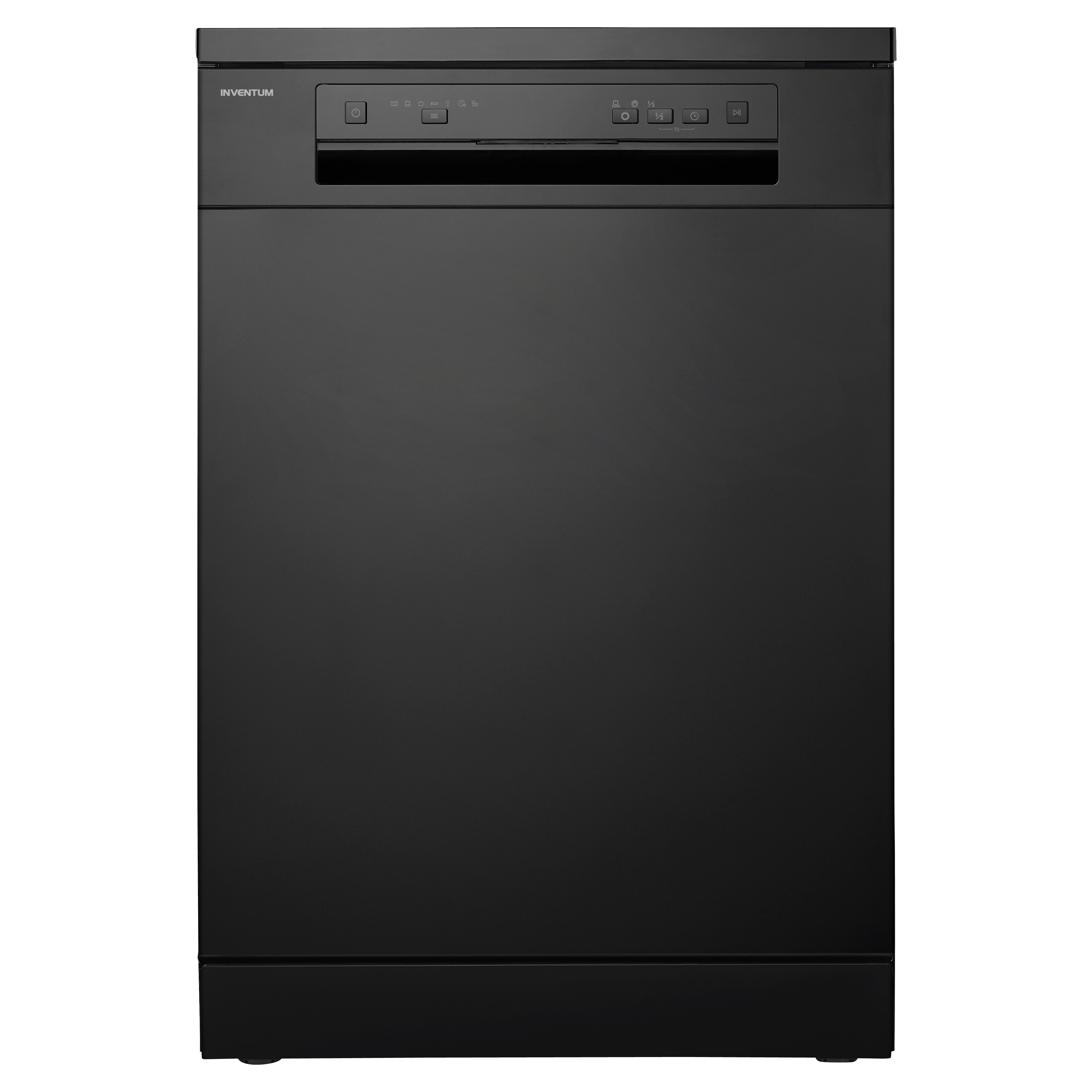 Black dishwasher with a control panel and the brand Inventum. The dishwasher is set against a white background.