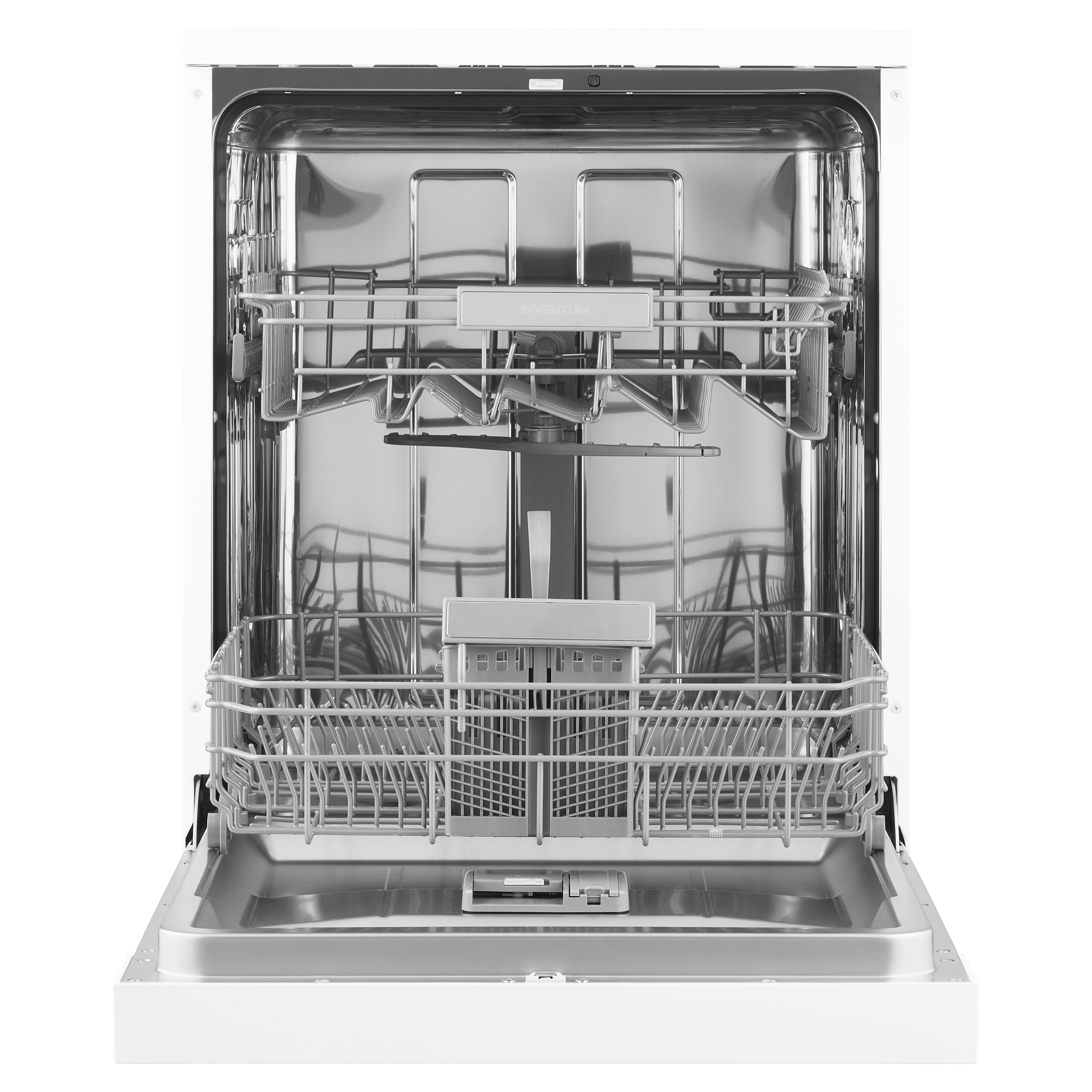 An open white dishwasher with racks inside. Empty interior, clean design, bright lighting.