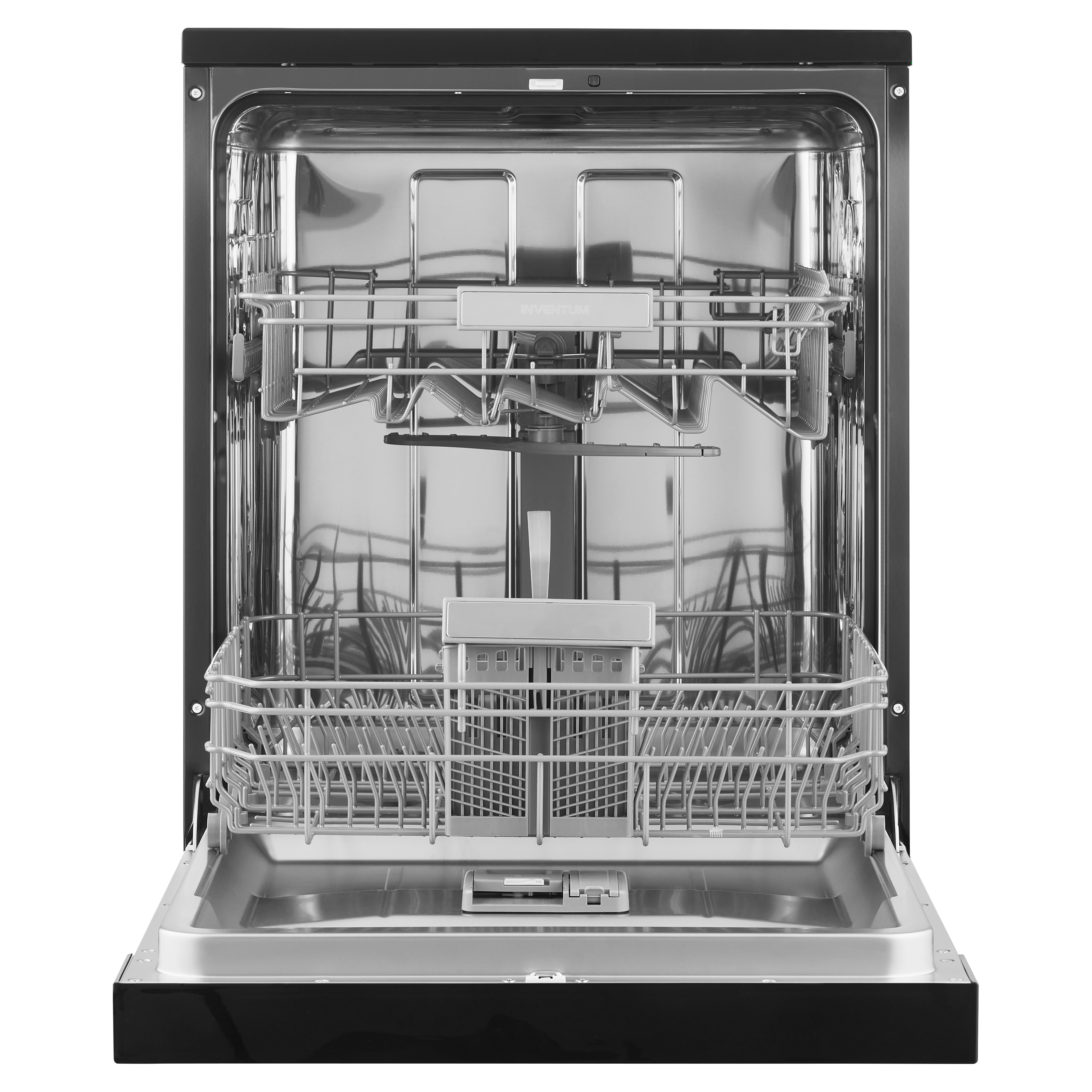Open dishwasher interior with racks. Stainless steel interior, black exterior.