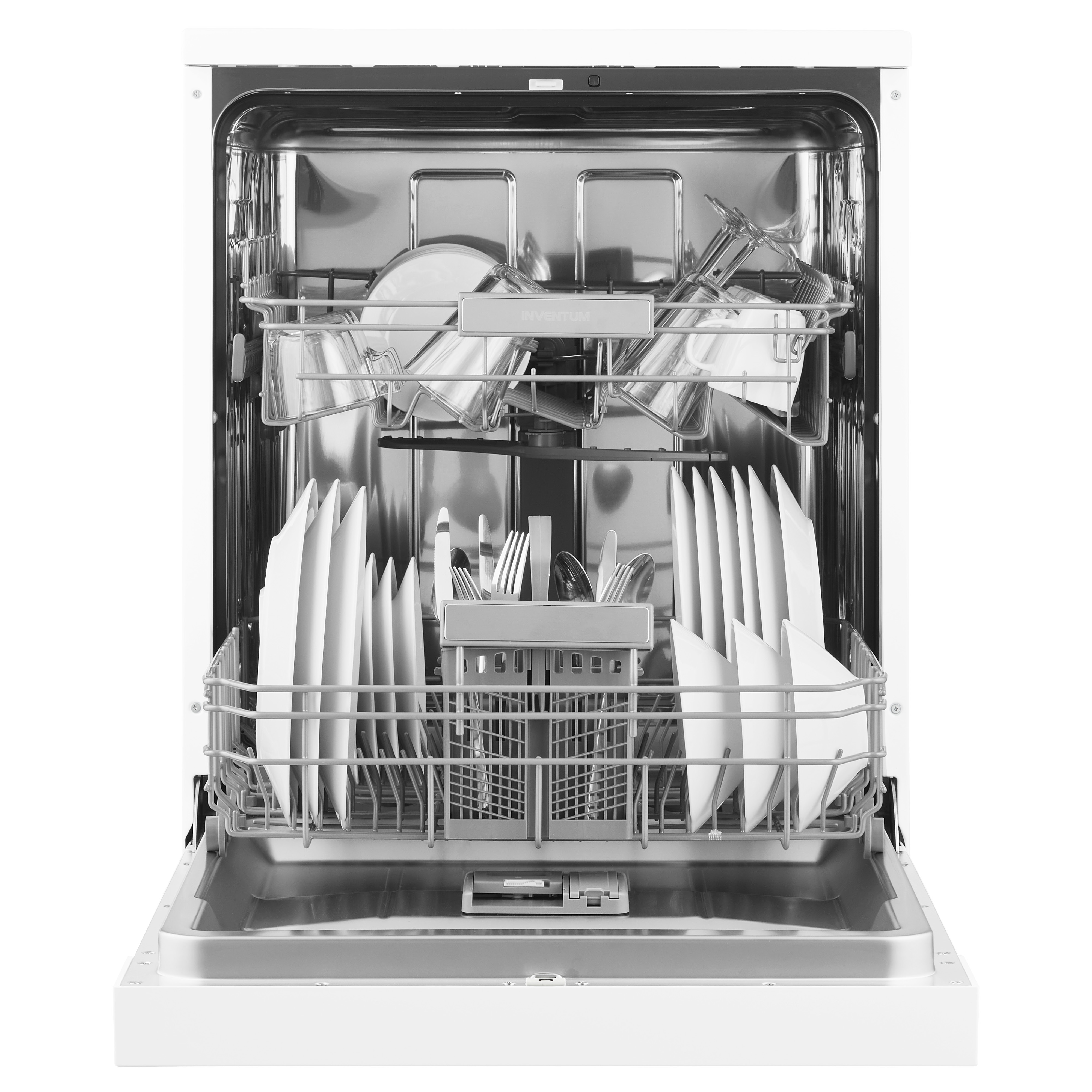 Open dishwasher with clean dishes in the racks.